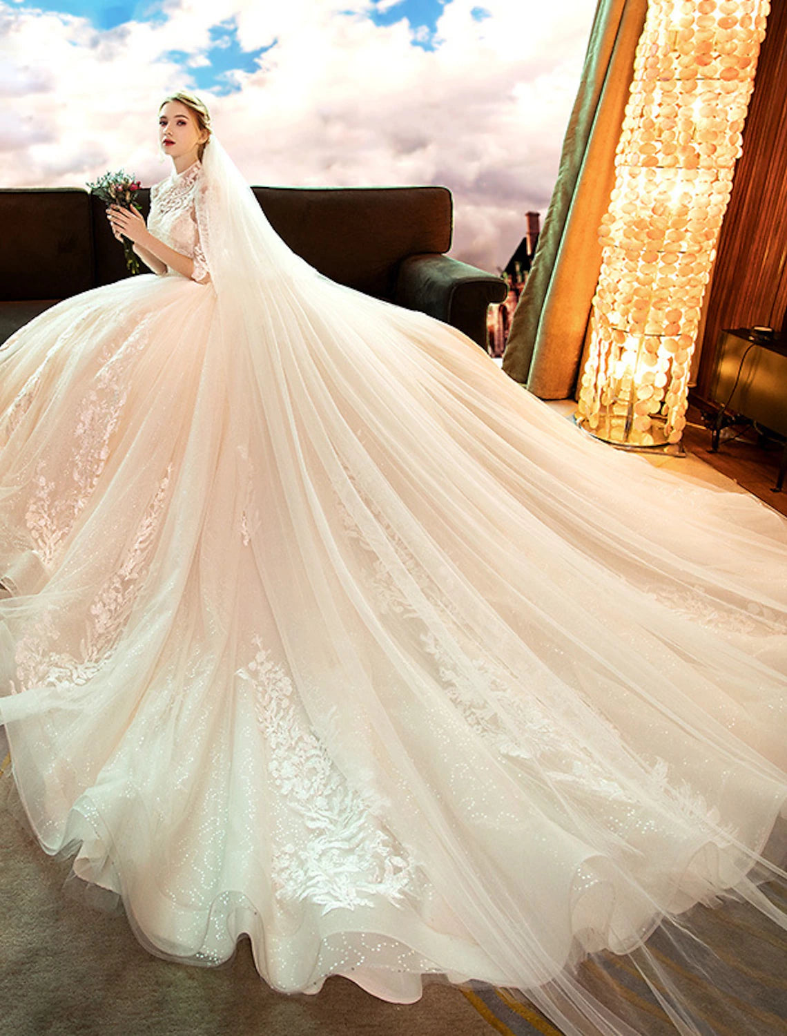 wholesale  Engagement Sparkle & Shine Formal Fall Wedding Dresses Ball Gown High Neck Long Sleeve Cathedral Train Lace Bridal Gowns With Sequin Appliques