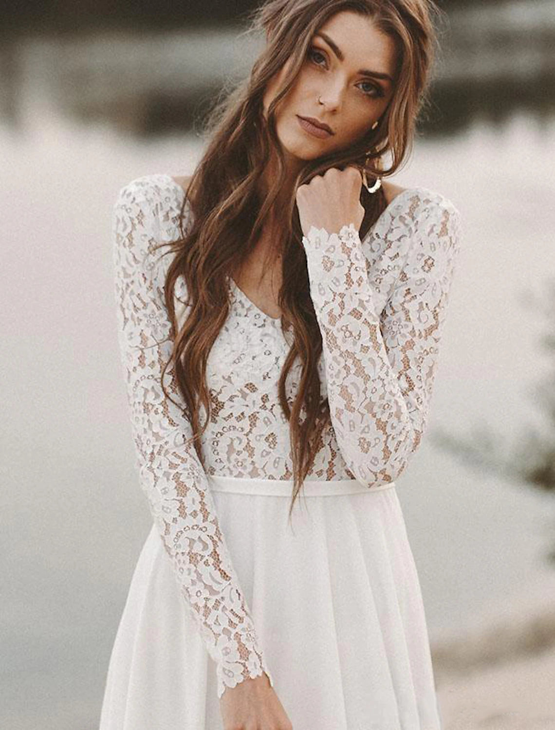 wholesale  Beach Boho Wedding Dresses A-Line V Neck Long Sleeve Sweep / Brush Train Chiffon Bridal Gowns