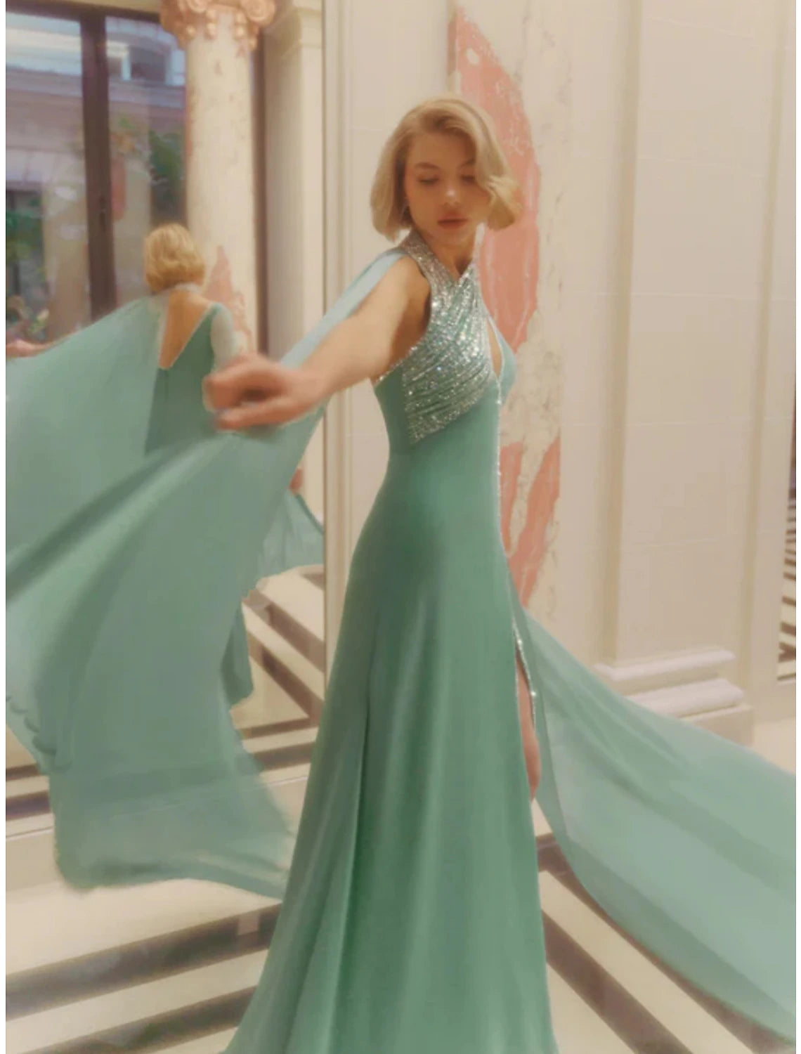 Wholesa  A-Line Evening Gown Elegant Dress Formal Court Train Sleeveless V Neck Sequined with Glitter Pleats Slit