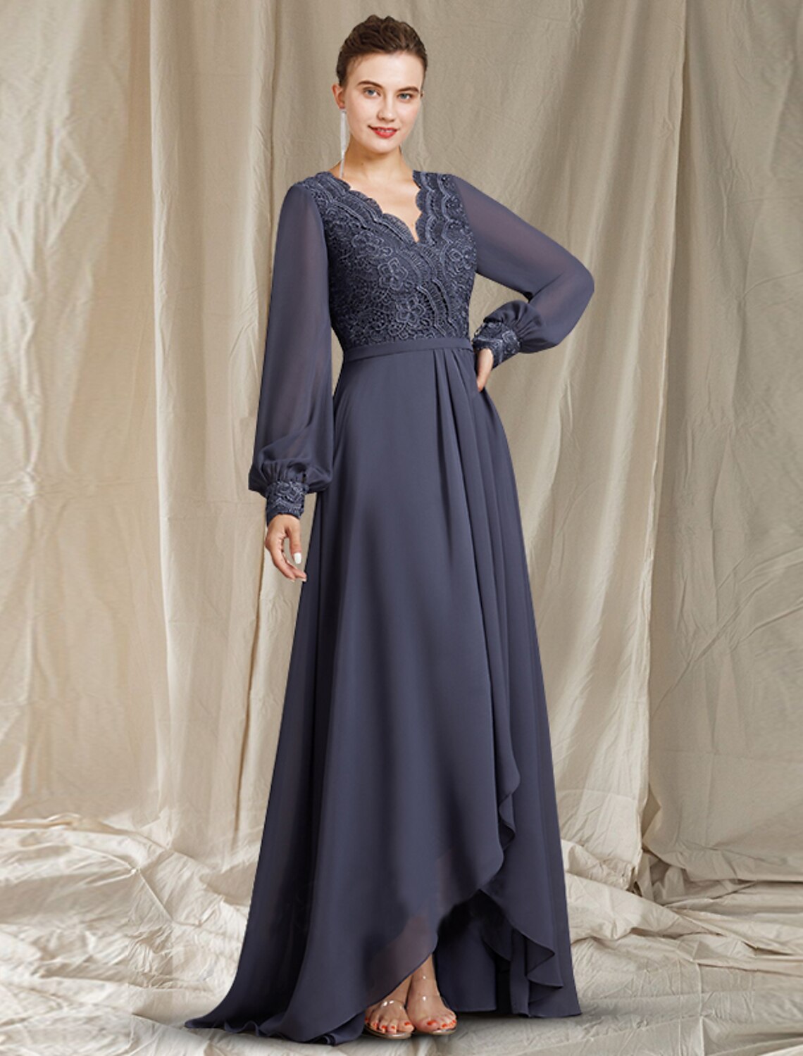 wholesale  A-Line Mother of the Bride Dress Elegant High Low V Neck Sweep / Brush Train Asymmetrical Tea Length Chiffon Lace Long Sleeve with Pleats Appliques