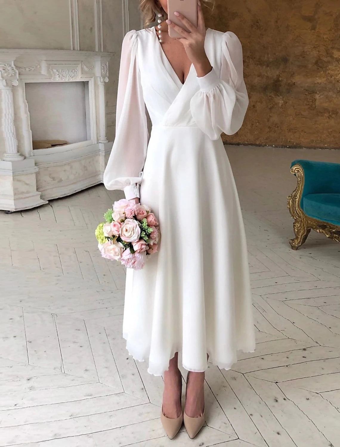 wholesale  Bridal Shower Fall Wedding Dresses Little White Dresses Ankle Length A-Line Long Sleeve V Neck Chiffon With Solid Color Summer Bridal Gowns