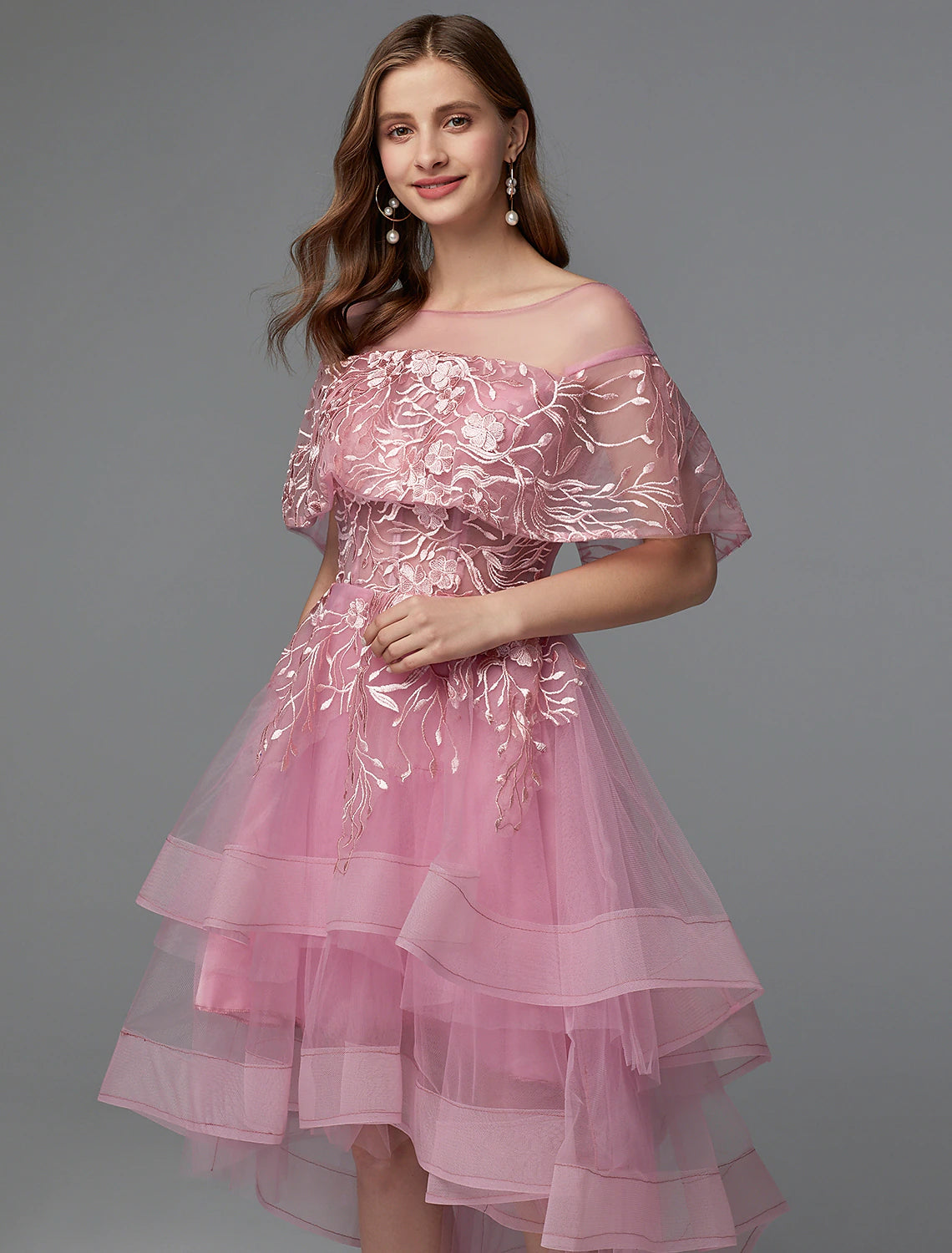 Wholesa A-Line Elegant Dress Holiday Wedding Guest Asymmetrical Sleeveless Illusion Neck Lace Tie Back with Lace Insert