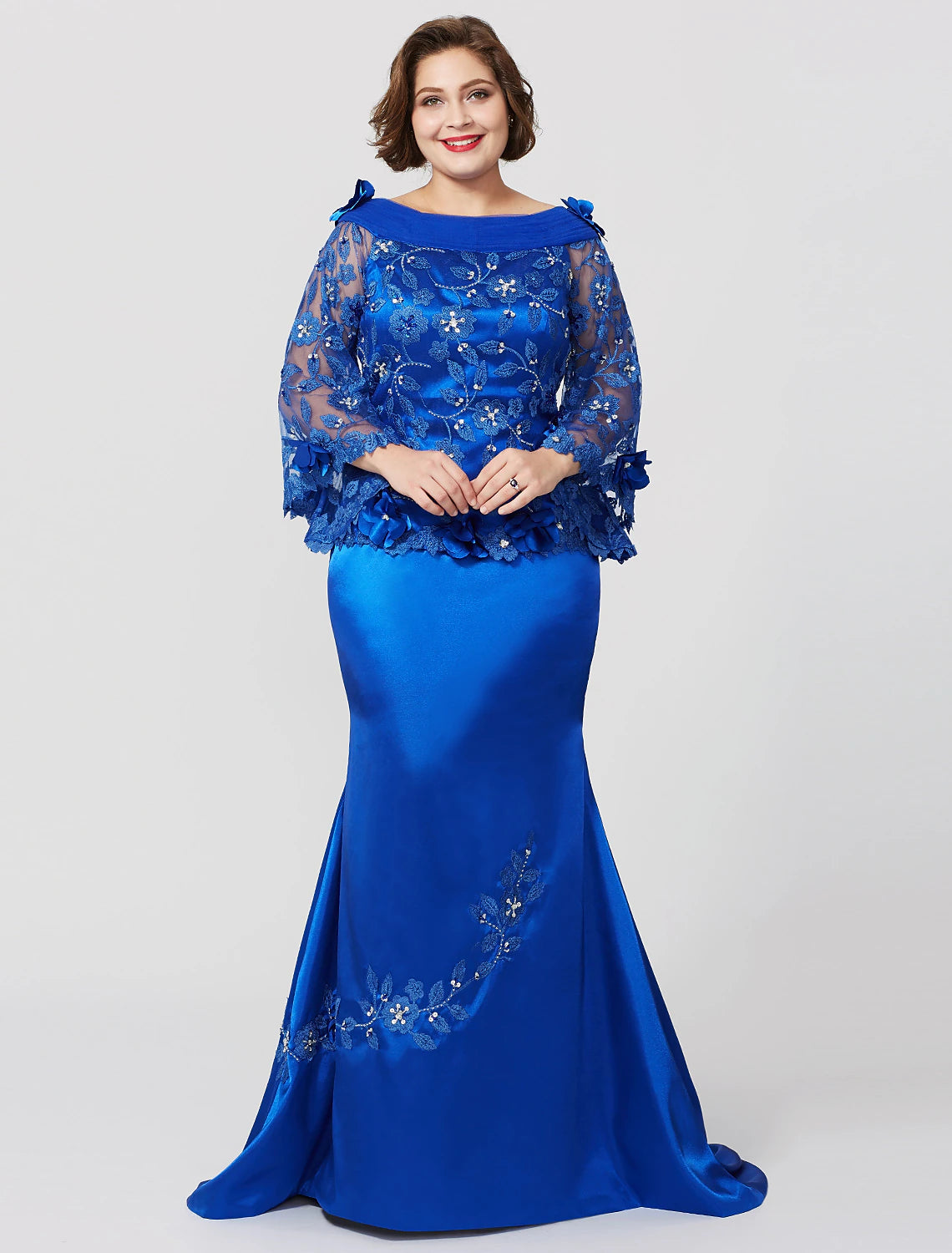 wholesale  Mermaid / Trumpet Mother of the Bride Dress Formal Plus Size Elegant Bateau Neck Sweep / Brush Train Lace Over Charmeuse Long Sleeve No with Pleats Ruffles