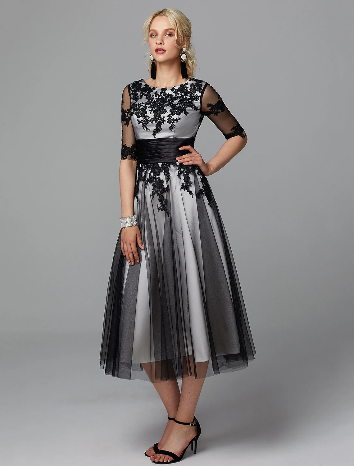 wholesale  A-Line Vintage Dress Wedding Guest Cocktail Party Tea Length Half Sleeve Jewel Neck Fall Wedding Guest Lace with Sash / Ribbon Appliques