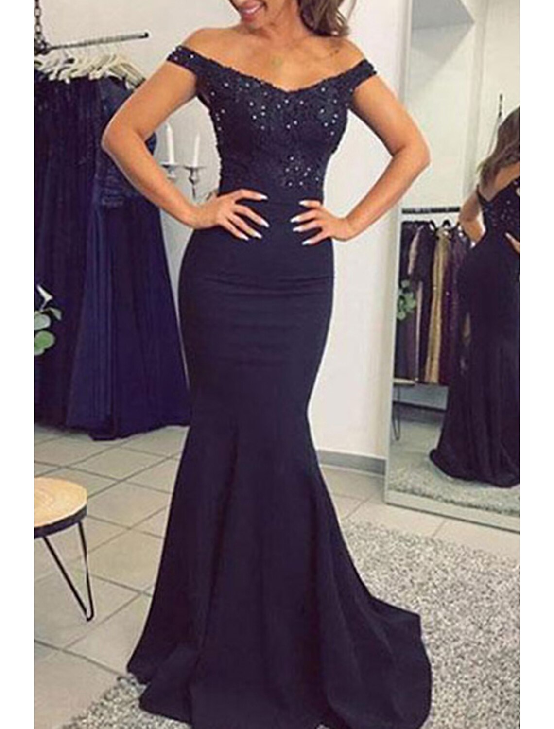 wholesale  Mermaid / Trumpet Prom Dresses Sexy Dress Formal Prom Court Train Sleeveless Off Shoulder Stretch Fabric V Back with Beading Appliques