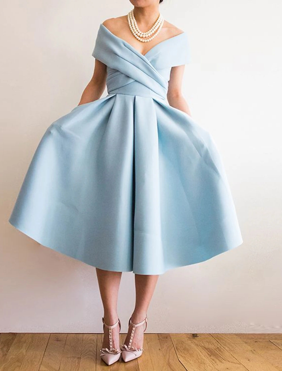 wholesale  A-Line Cocktail Dresses 1950s Dress Homecoming Formal Evening Tea Length Short Sleeve V Neck Stretch Fabric V Back with Pleats