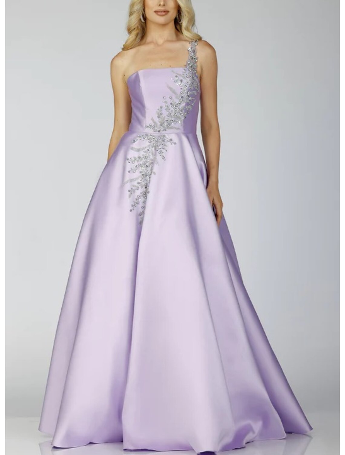 Wholesa  A-Line Prom Dresses Sparkle Dress Formal Prom Floor Length Sleeveless One Shoulder Satin Backless with Glitter Sequin