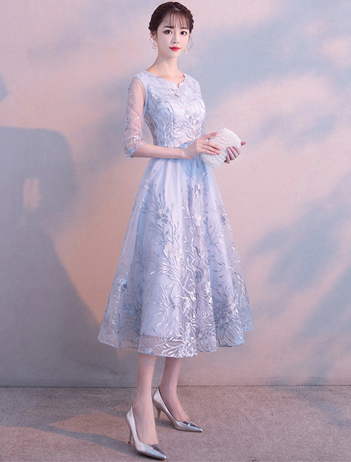 Wholesa A-Line Elegant Cocktail Party Prom Dress Jewel Neck 3/4 Length Sleeve Tea Length Lace with Lace Insert Pattern / Print Appliques