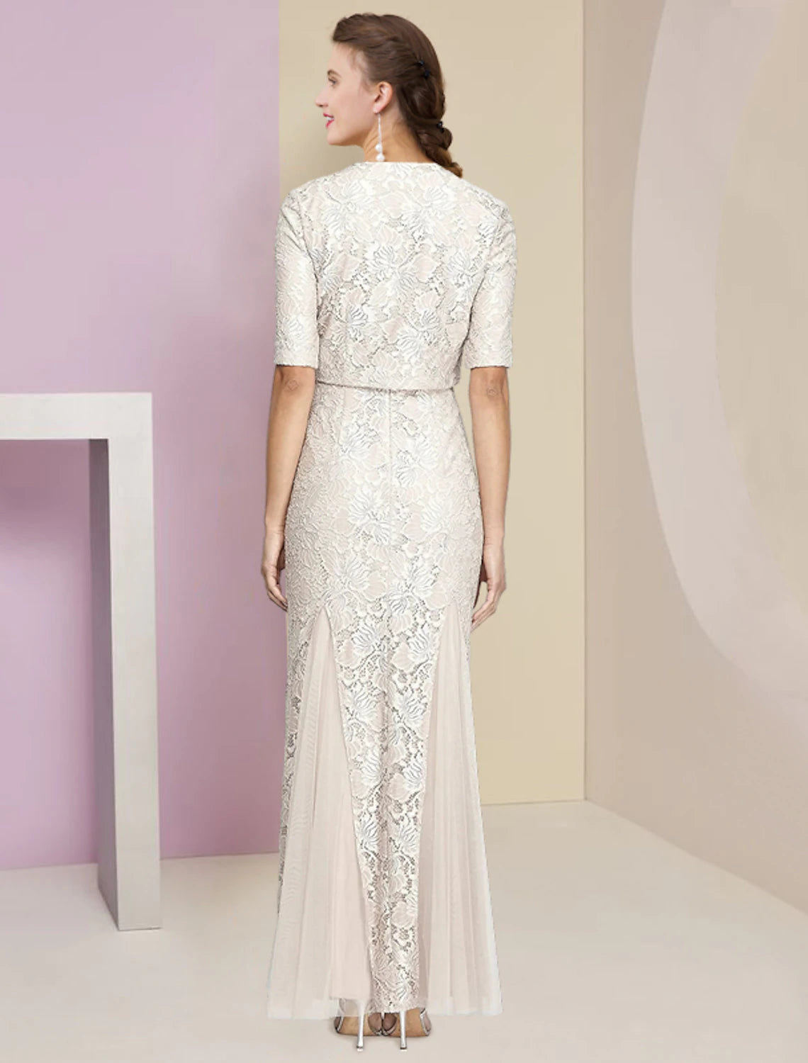 wholesale   A-Line Mother of the Bride Dress Formal Wedding Guest Elegant V Neck Ankle Length Chiffon Lace Sleeveless Wrap Included with Pleats Appliques