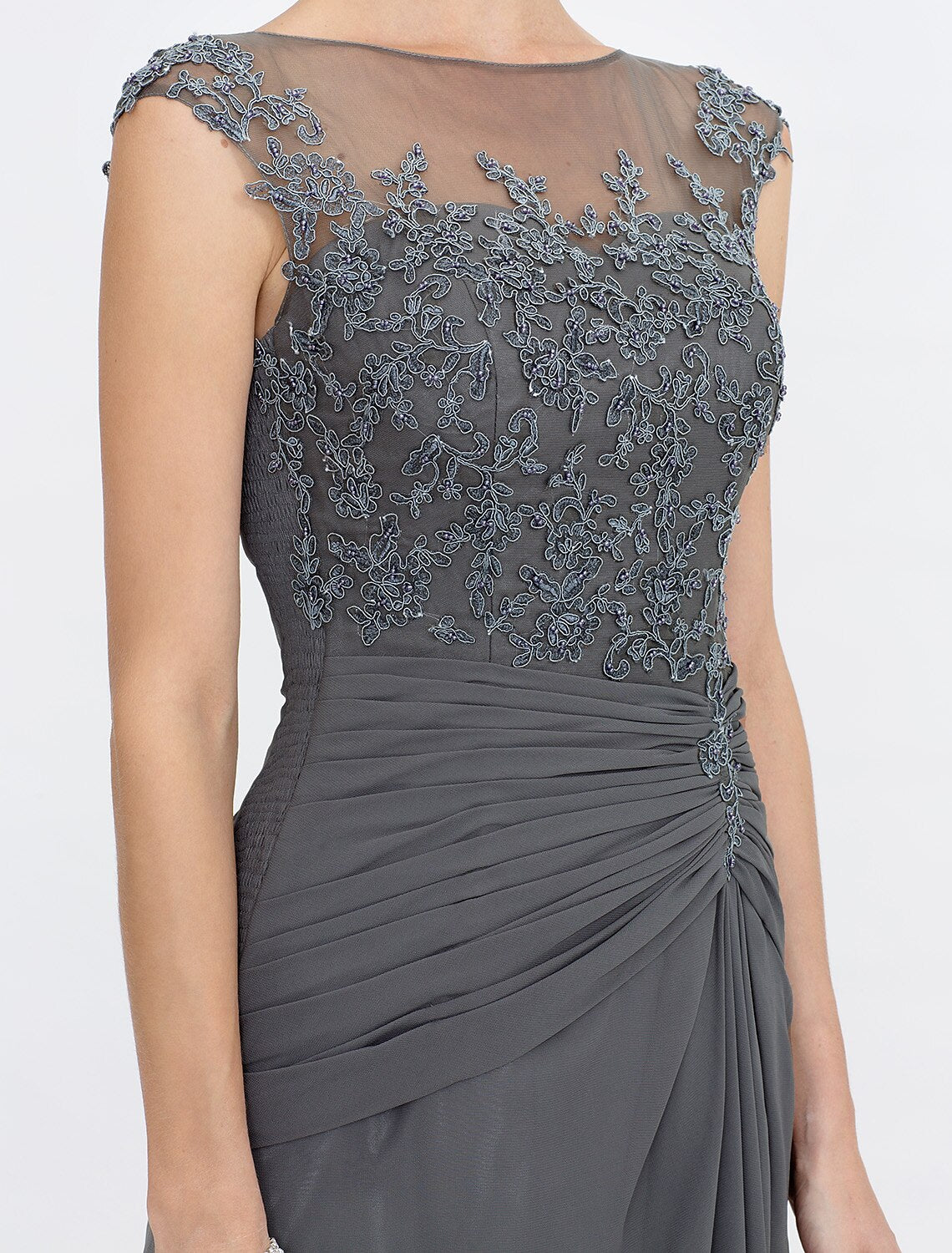 wholesale  A-Line Mother of the Bride Dress Wedding Guest Elegant See Through Bateau Neck Floor Length Chiffon Lace Sleeveless with Side Draping Fall