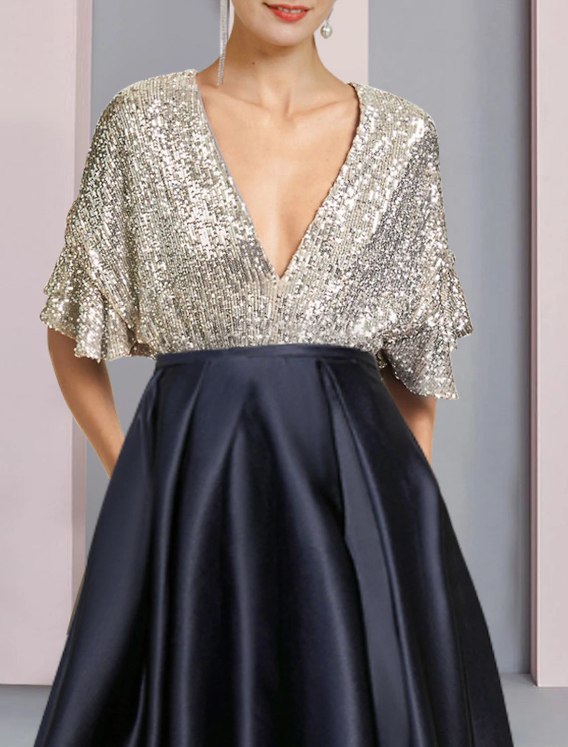 wholesale  A-Line Mother of the Bride Dress Wedding Guest Elegant Sparkle & Shine High Low V Neck Asymmetrical Tea Length Satin Sequined Short Sleeve with Pleats