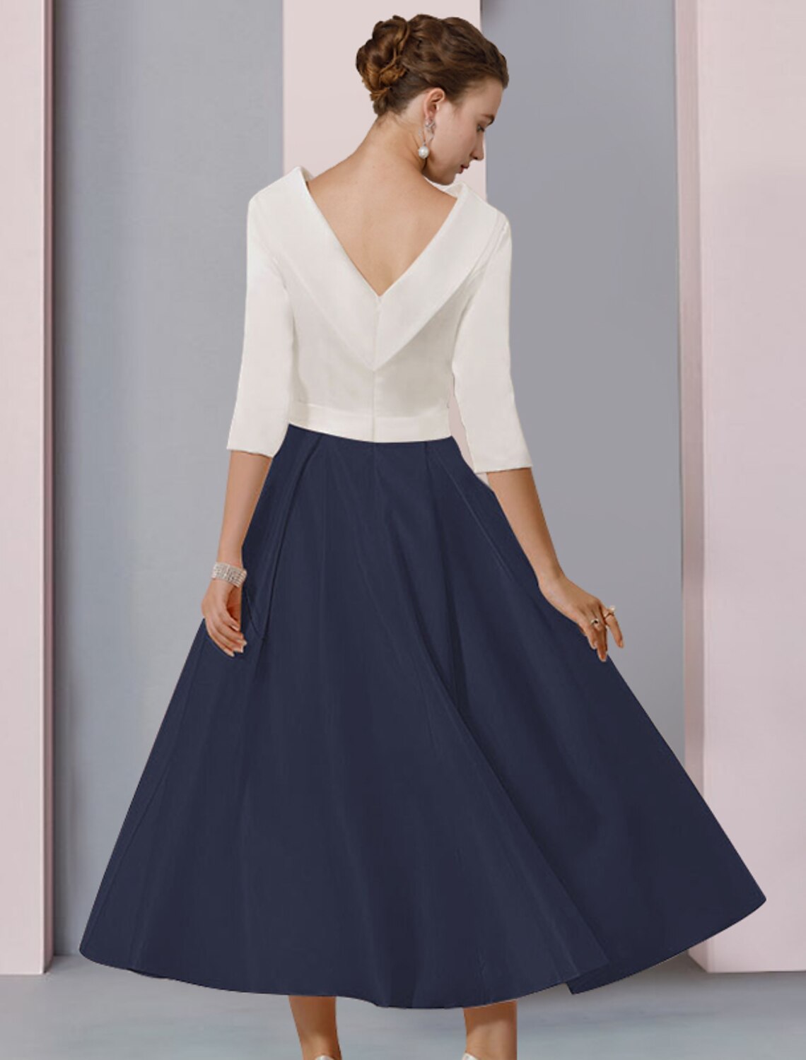 wholesale  A-Line Mother of the Bride Dress Wedding Guest Elegant Scoop Neck Tea Length Satin Half Sleeve with Pleats Crystal Brooch Color Block