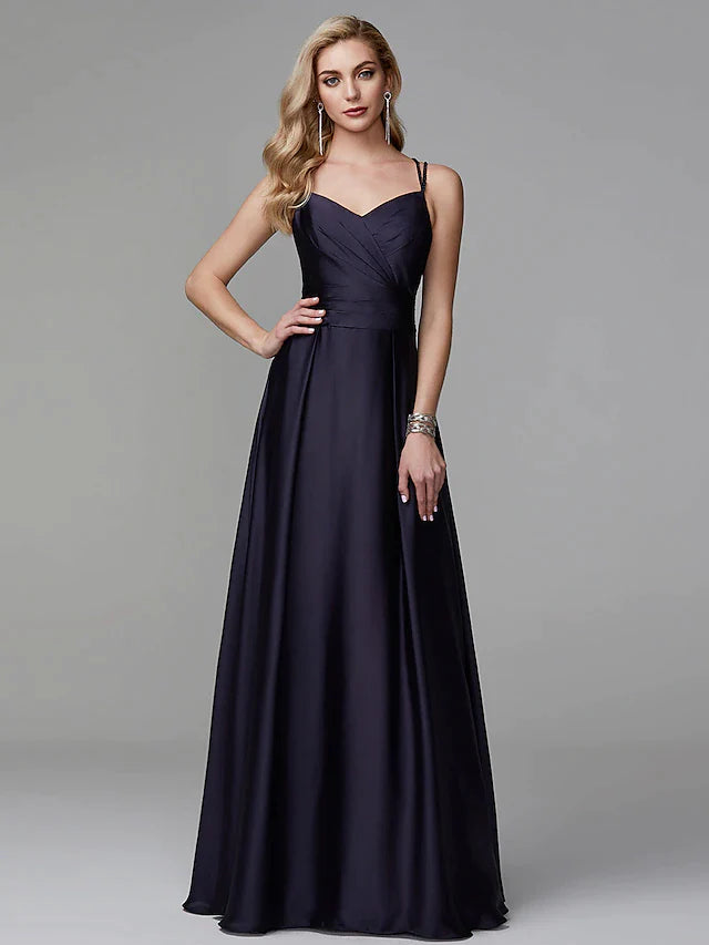 Wholesa A-Line Prom Dresses Beautiful Back Dress Evening Party Floor Length Sleeveless Spaghetti Strap Satin Crisscross Back with Beading Side Draping