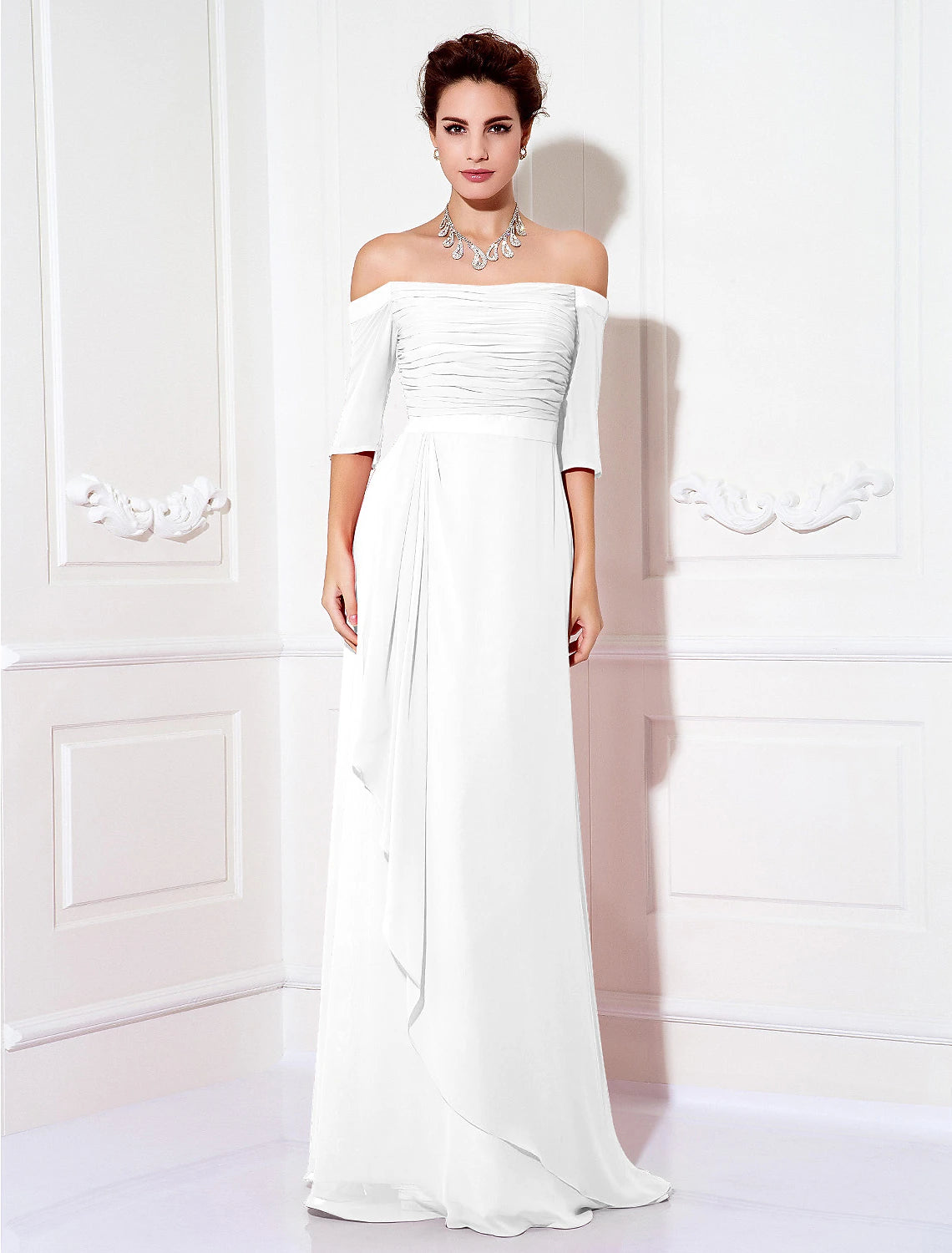 Wholesa Sheath / Column Minimalist Dress Wedding Guest Formal Evening Sweep / Brush Train Half Sleeve Off Shoulder Bridesmaid Dress Chiffon with Ruched Draping