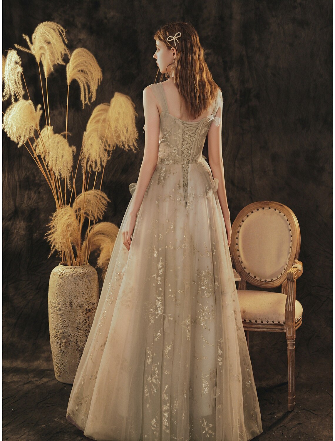 Wholesa A-Line Elegant Floral Engagement Formal Evening Dress Scoop Neck Sleeveless Floor Length Tulle with Bow(s) Pleats