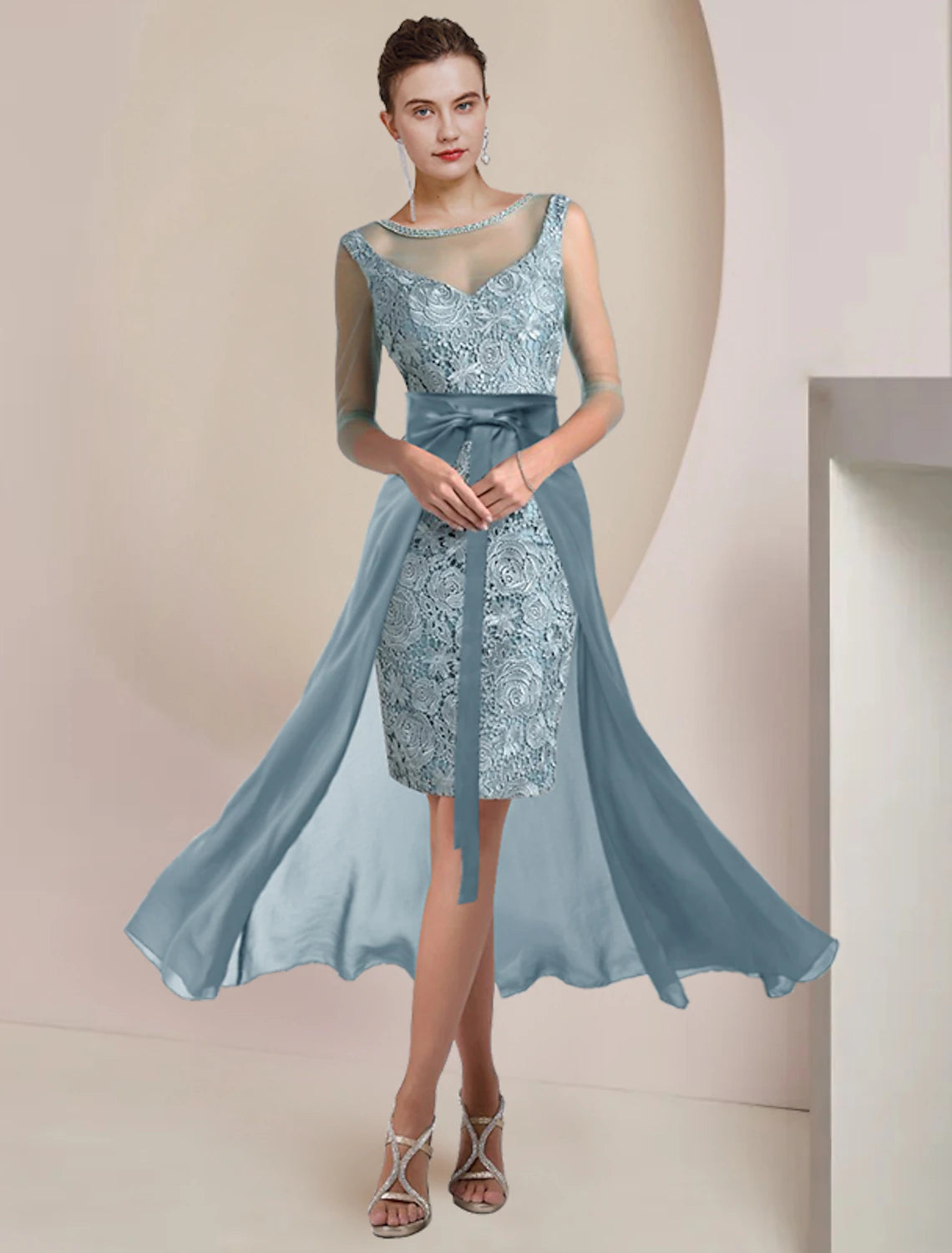 wholesale  Two Piece Sheath / Column Mother of the Bride Dress Formal Wedding Guest Vintage Elegant Jewel Neck Tea Length Knee Length Chiffon Lace 3/4 Length Sleeve with Beading Appliques