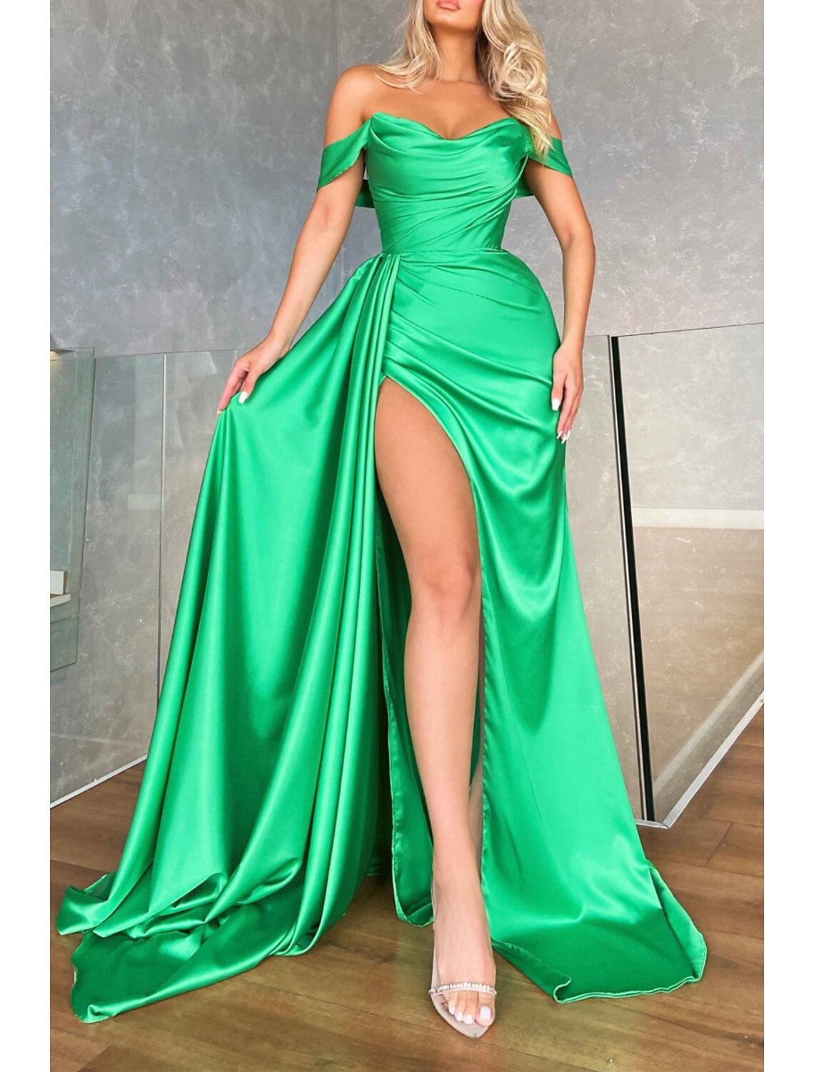 Wholesa Mermaid / Trumpet Prom Dresses Empire Dress Formal Prom Sweep / Brush Train Sleeveless Off Shoulder Imitation Silk Backless with Ruched Slit