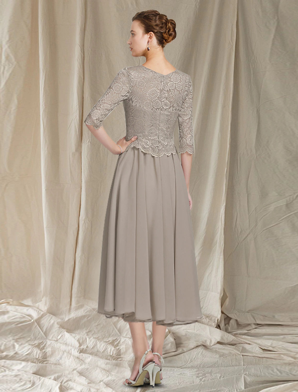 wholesale  Two Piece A-Line Mother of the Bride Dress Church Elegant Jewel Neck Tea Length Chiffon Lace Half Sleeve Jacket Dresses with Appliques