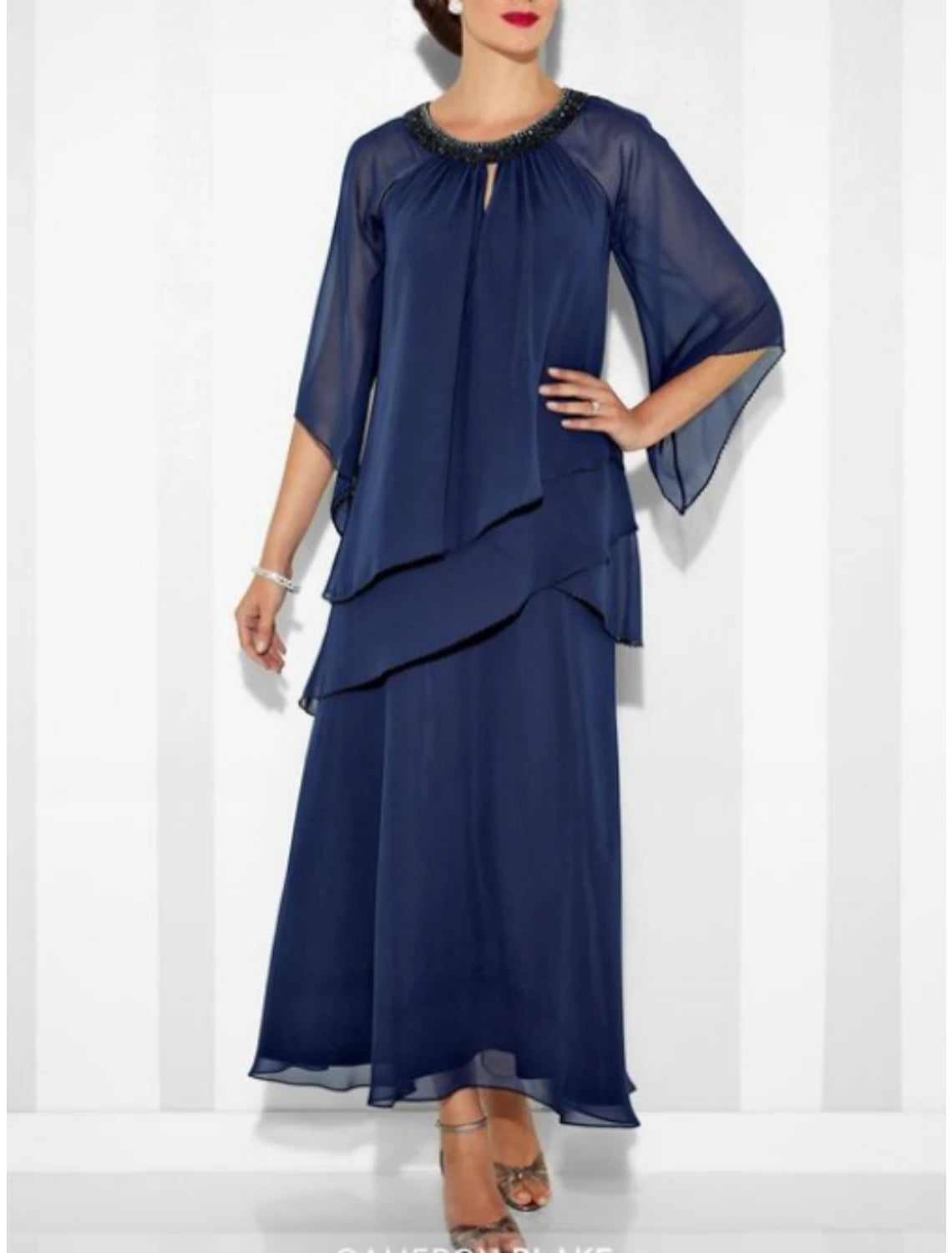 Wholesa Sheath / Column Mother of the Bride Dress Wedding Guest Elegant Party Jewel Neck Ankle Length Chiffon 3/4 Length Sleeve with Crystals Ruching