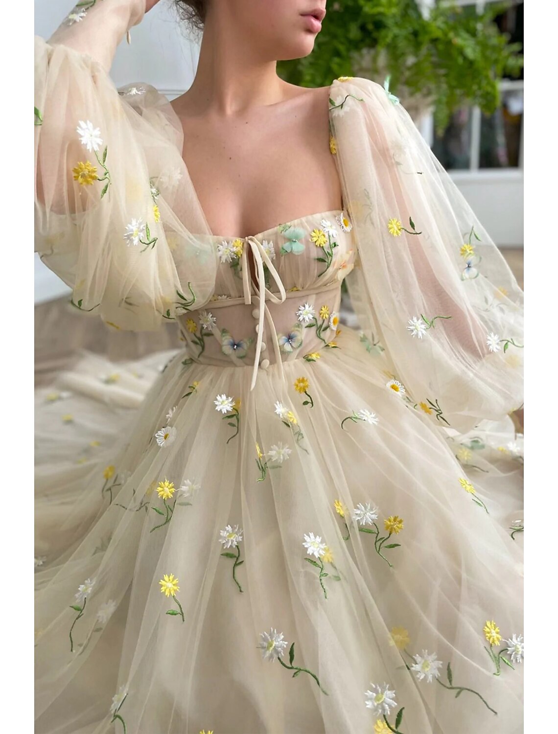 Wholesa A-Line Prom Party Dress Floral Dress Wedding Guest Engagement Ankle Length Long Sleeve Sweetheart Lace Backless with Pleats Ruched