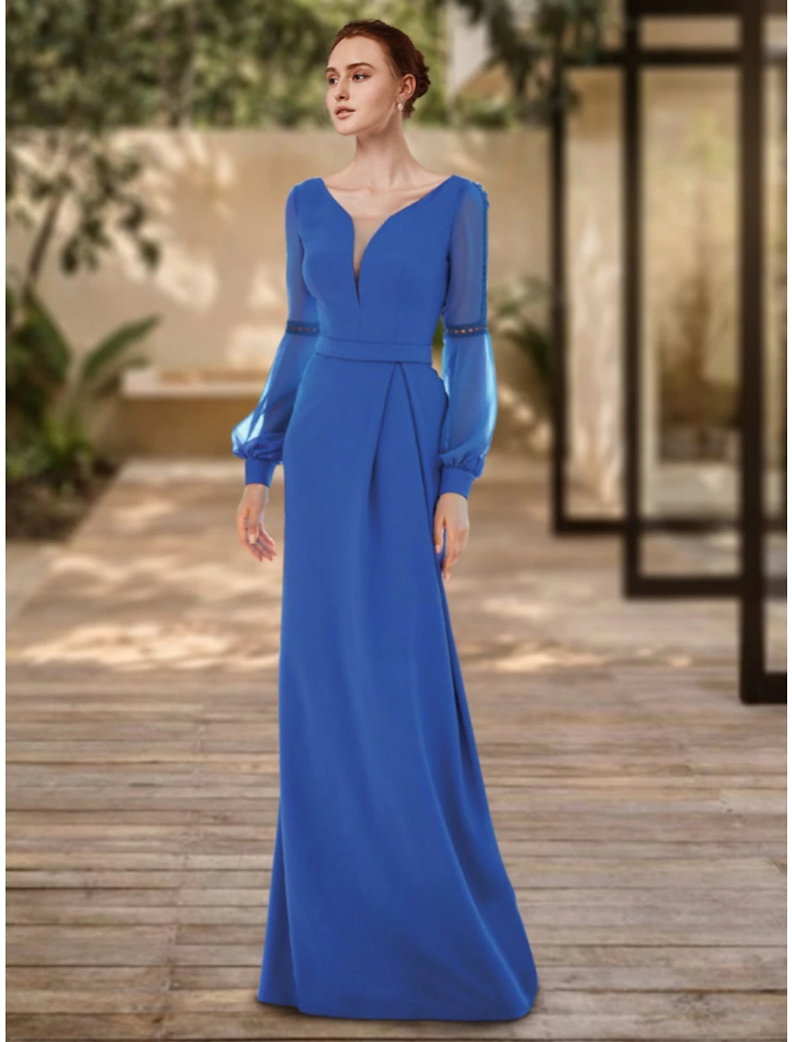 Wholesa  Sheath / Column Evening Gown Elegant Dress Formal Floor Length Long Sleeve V Neck Stretch Chiffon with Pleats