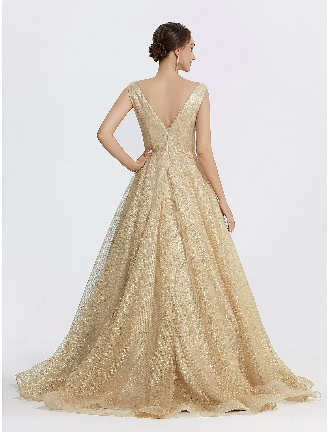 Wholesa Ball Gown Prom Dresses Sparkle Dress Wedding Quinceanera Floor Length Sleeveless V Neck Tulle with Glitter