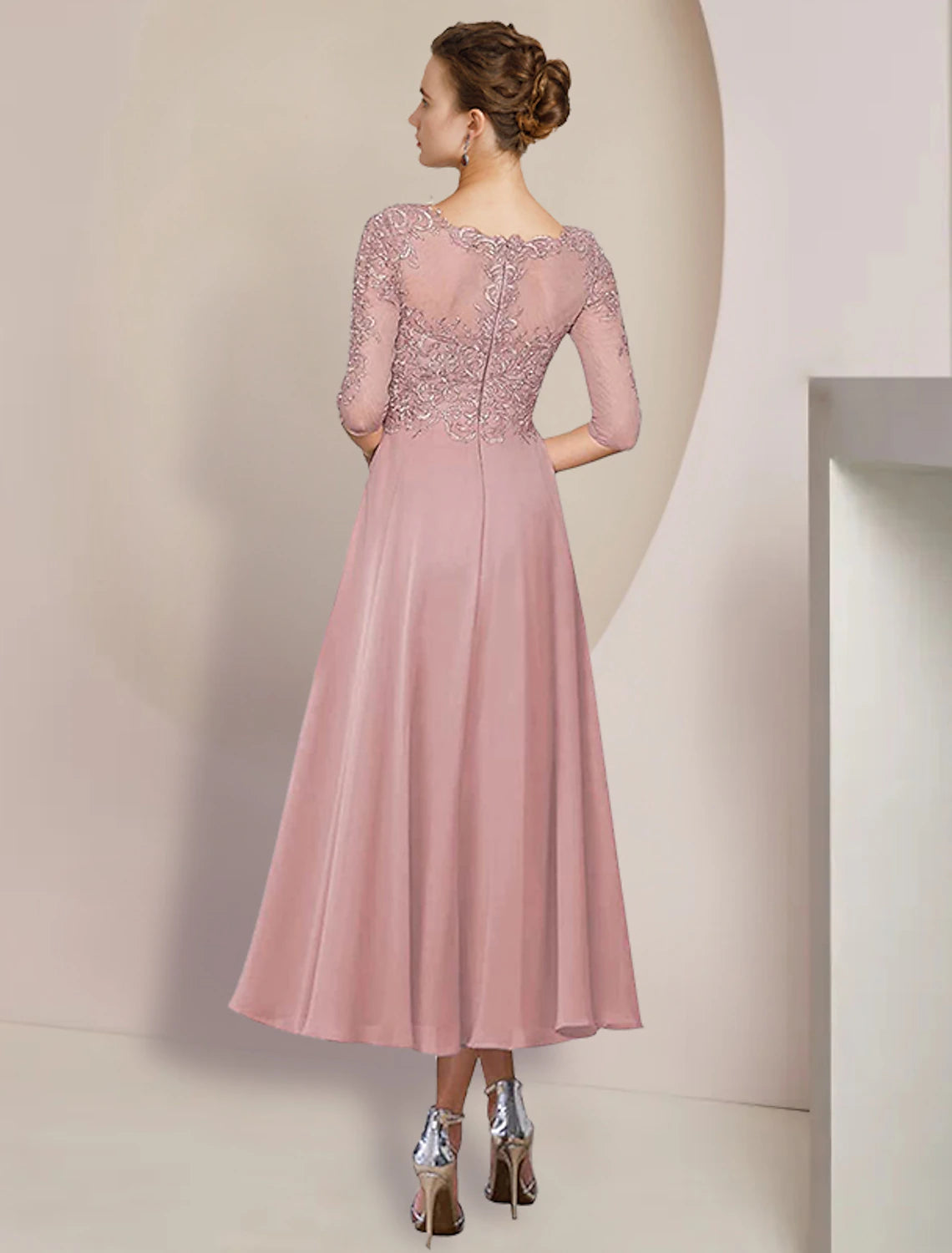 wholesale  Two Piece A-Line Mother of the Bride Dress Formal Wedding Guest Elegant V Neck Tea Length Chiffon Lace 3/4 Length Sleeve Wrap Included with Appliques