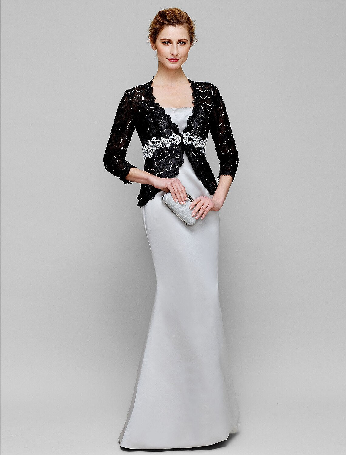 wholesale  Mermaid / Trumpet Mother of the Bride Dress Convertible Dress Strapless Floor Length Satin Lace 3/4 Length Sleeve No with Lace Beading Sequin