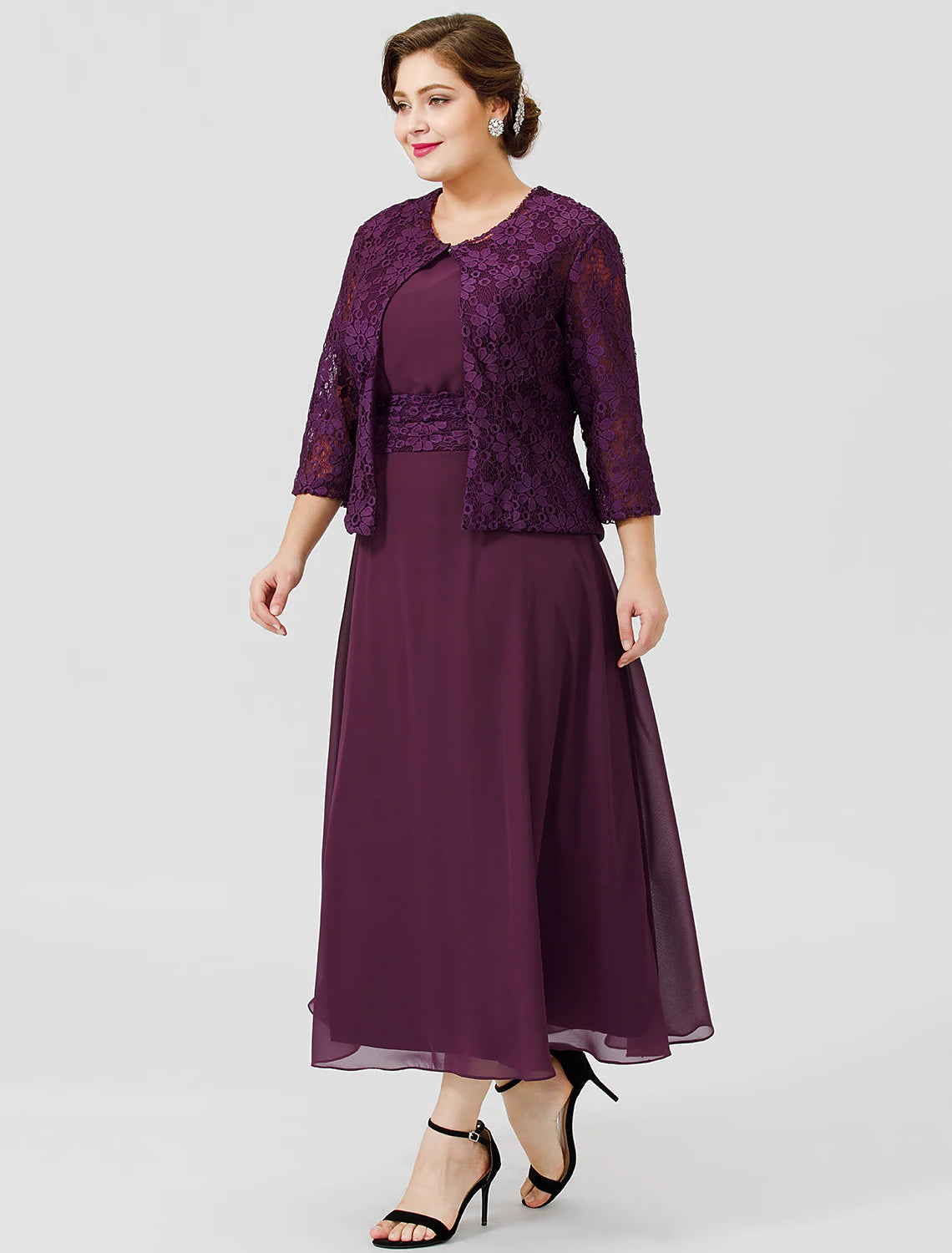 wholesale  A-Line Mother of the Bride Dress Formal Classic & Timeless Elegant & Luxurious Plus Size Scoop Neck Tea Length Chiffon Floral Lace Sleeveless yes with Sash / Ribbon Pleats