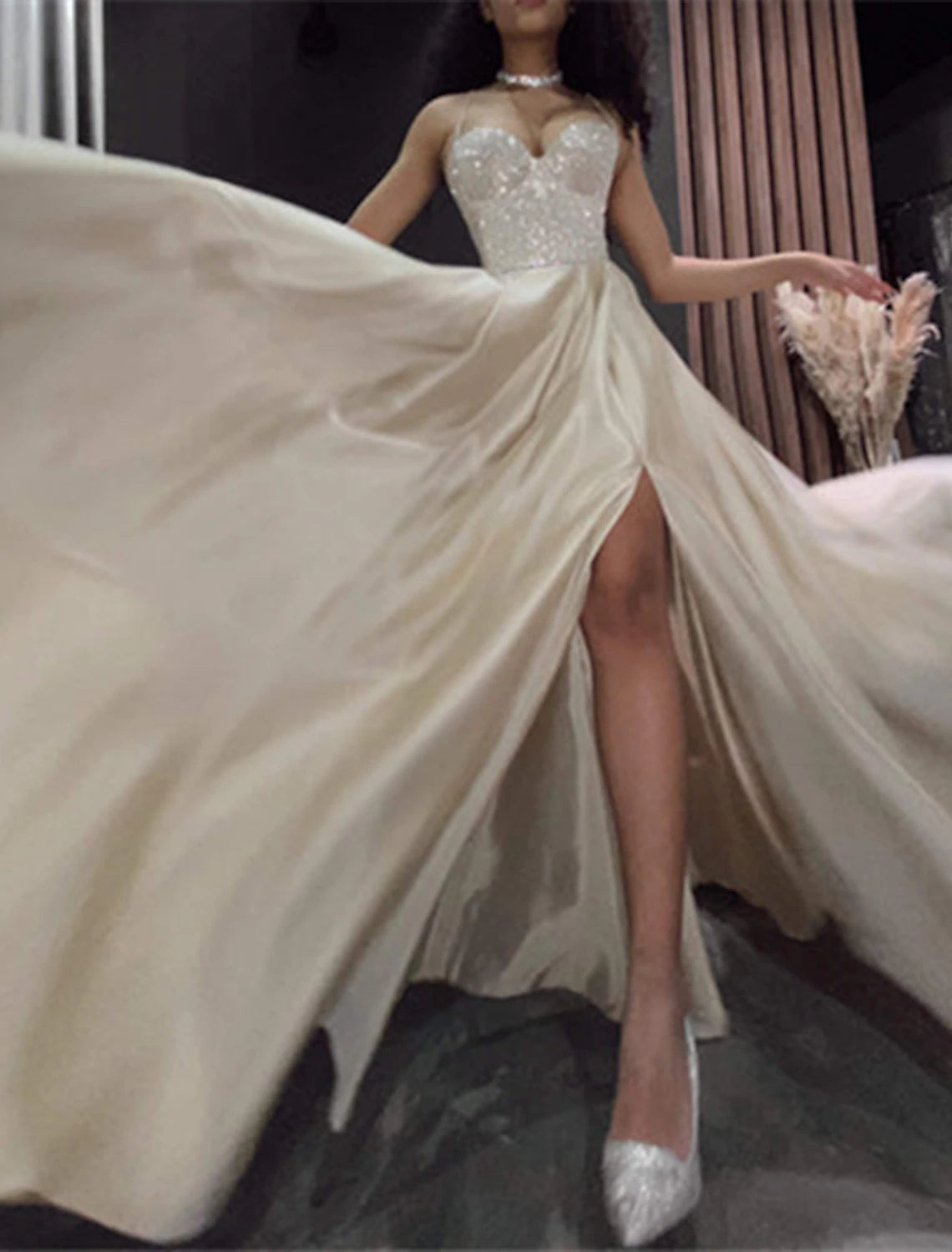 Wholesa A-Line Prom Dresses Glittering Dress Wedding Guest Wedding Party Court Train Sleeveless Spaghetti Strap Tulle with Sequin