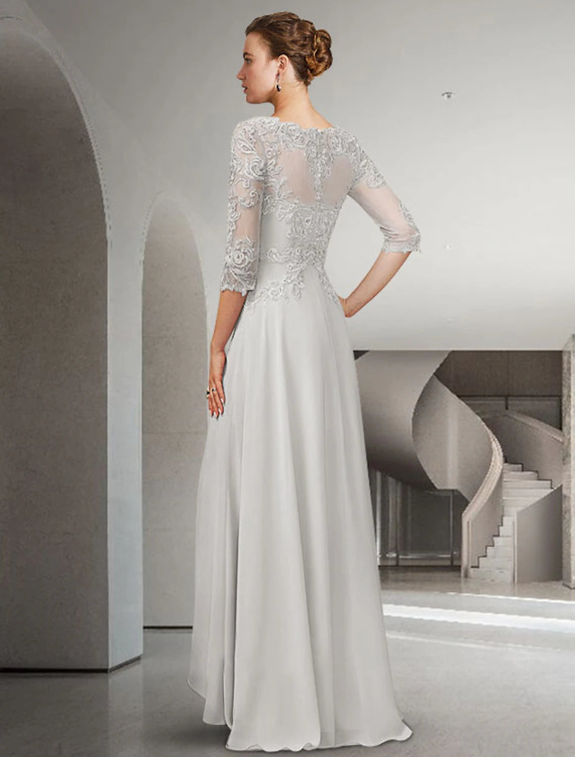 wholesale  A-Line Mother of the Bride Dress Elegant High Low Jewel Neck Sweep / Brush Train Asymmetrical Chiffon Lace 3/4 Length Sleeve with Pleats Appliques