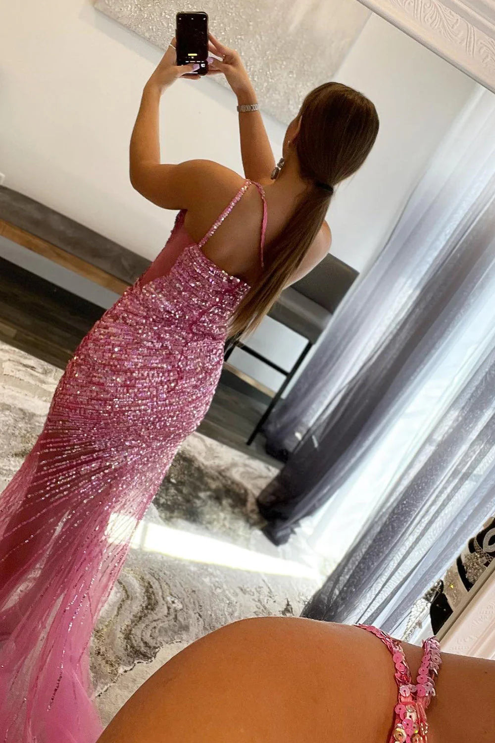 Wholesa Sparkly One Shoulder Sequins Long Prom Dress with Slit