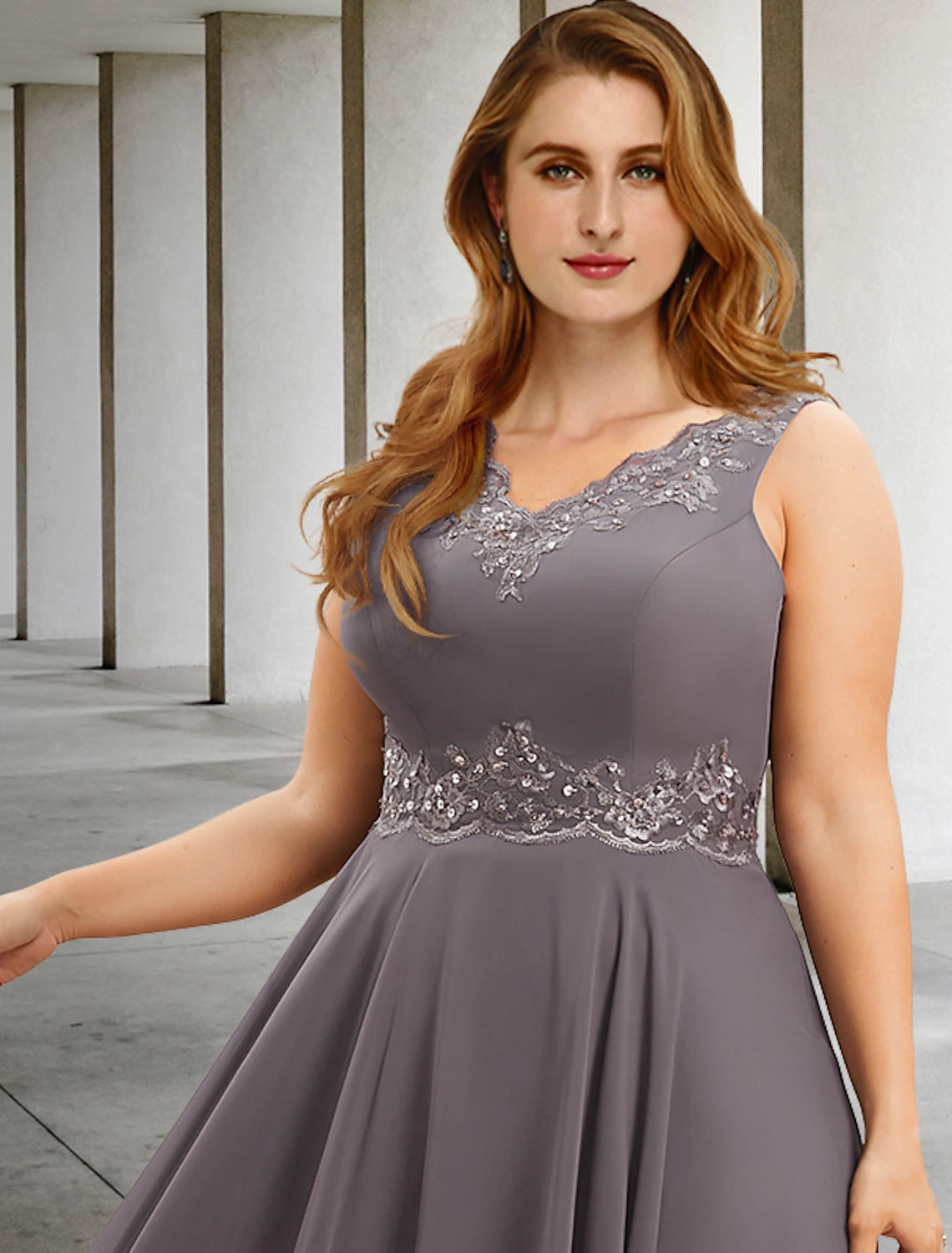 wholesale  Two Piece A-Line Wedding Guest Dresses Plus Size Hide Belly Elegant Dress Formal Tea Length Sleeveless V Neck Chiffon with Appliques