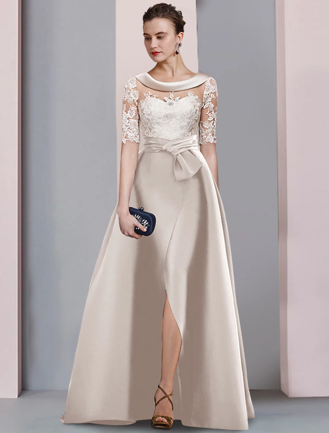 wholesale   A-Line Mother of the Bride Dress Wedding Guest Elegant Scoop Neck Floor Length Satin Lace Half Sleeve with Bow(s) Appliques Split Front