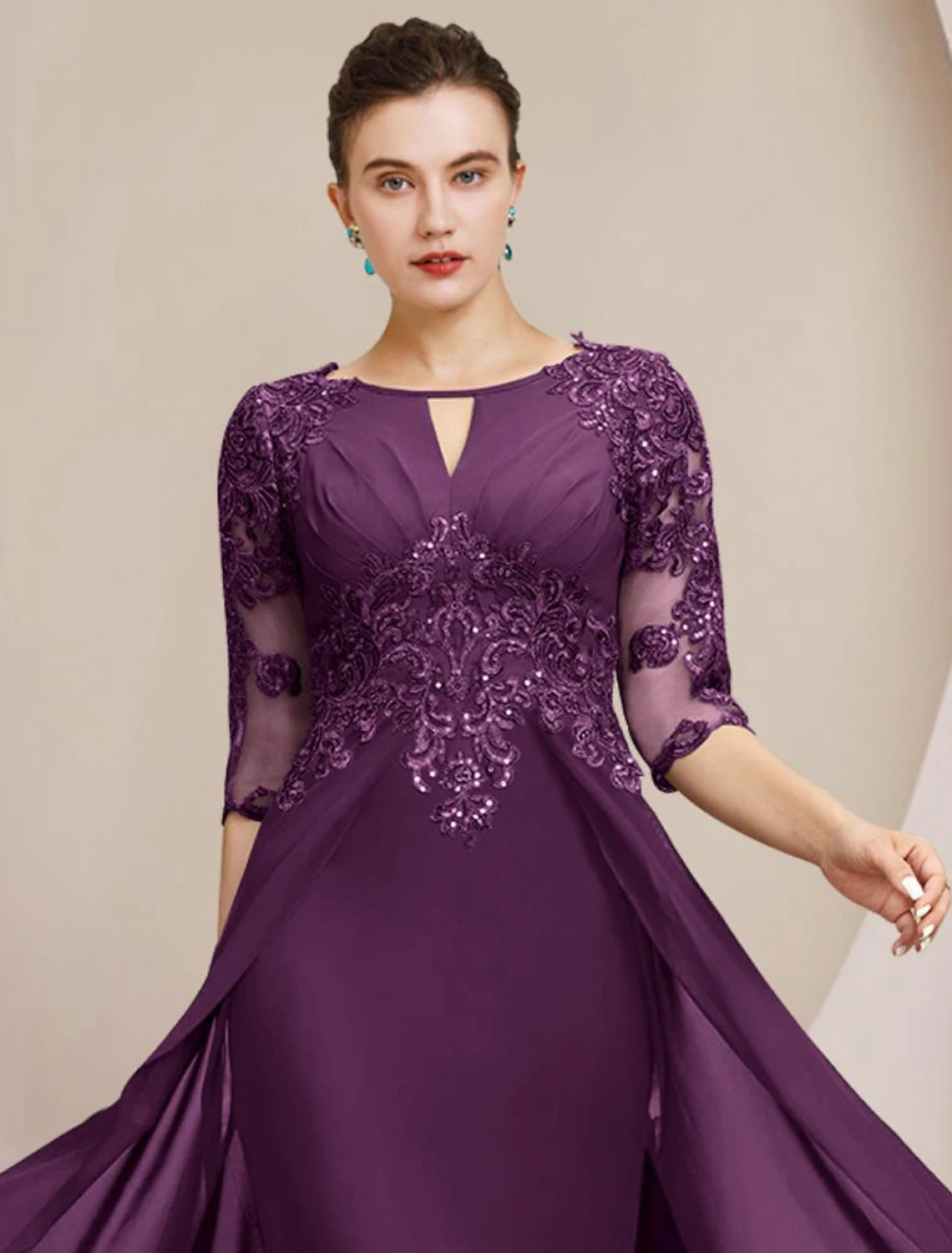 Wholesa  Sheath / Column Mother of the Bride Dress Formal Wedding Guest Elegant Scoop Neck Floor Length Chiffon Lace Half Sleeve with Sequin Appliques