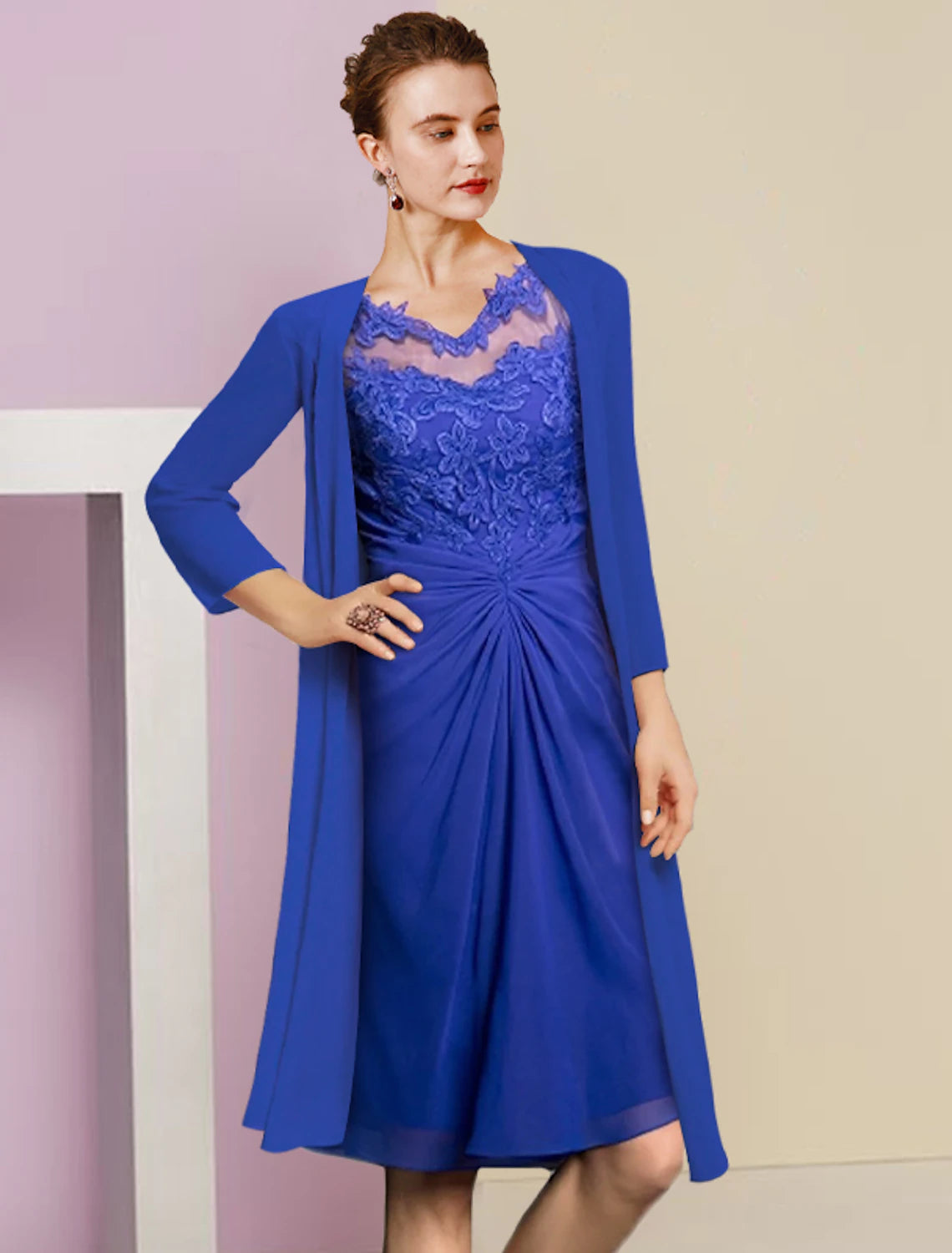 wholesale  Two Piece Sheath / Column Mother of the Bride Dress Formal Wedding Guest Vintage Elegant V Neck Knee Length Chiffon Lace Half Sleeve Jacket Dresses with Appliques