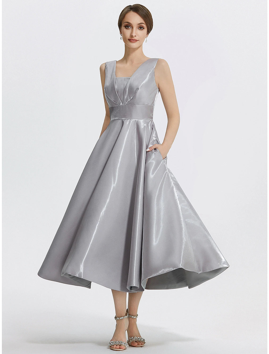 Wholesa A-Line Cocktail Dresses Elegant Dress Formal Wedding Guest Tea Length Sleeveless V Neck Satin with Pocket