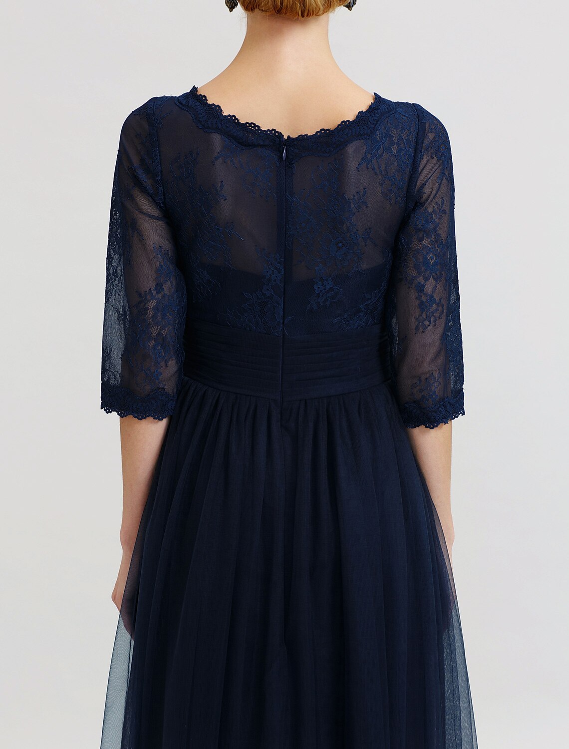 wholesale  Ball Gown A-Line Mother of the Bride Dress Beautiful Back See Through V Neck Floor Length Tulle Sheer Lace 3/4 Length Sleeve with Sash / Ribbon Pleats