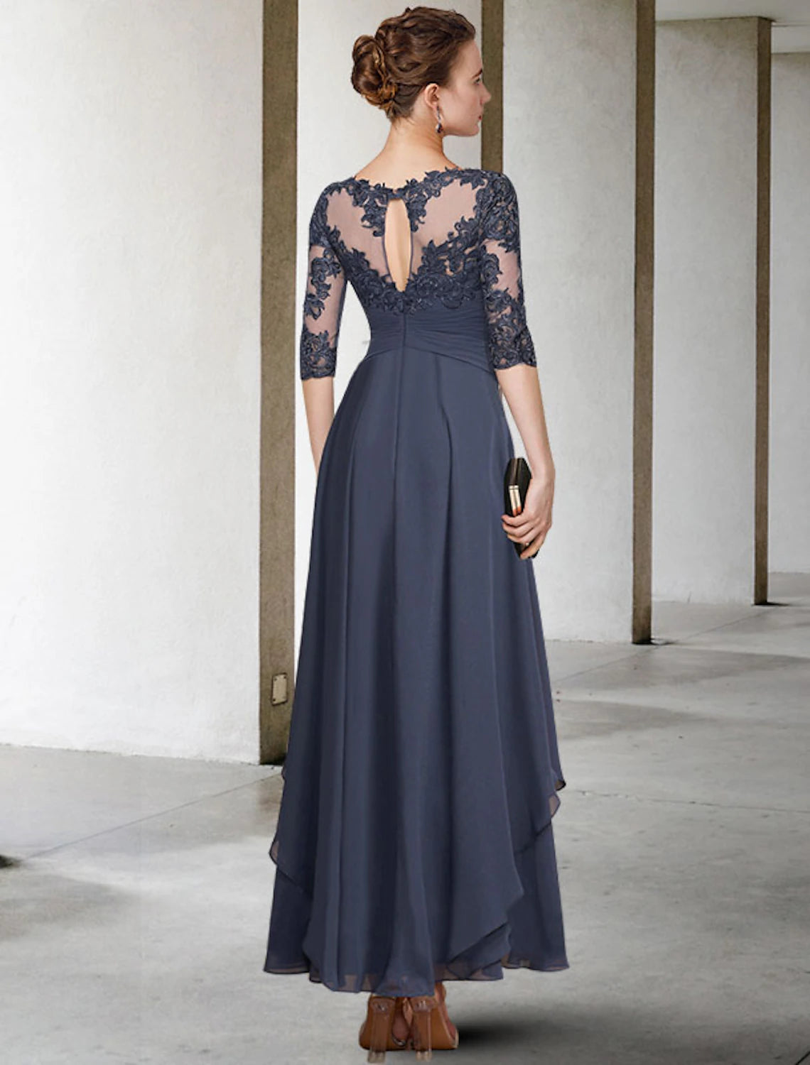 wholesale  A-Line Mother of the Bride Dress Elegant Jewel Neck Ankle Length Chiffon Lace Short Sleeve with Ruched Appliques