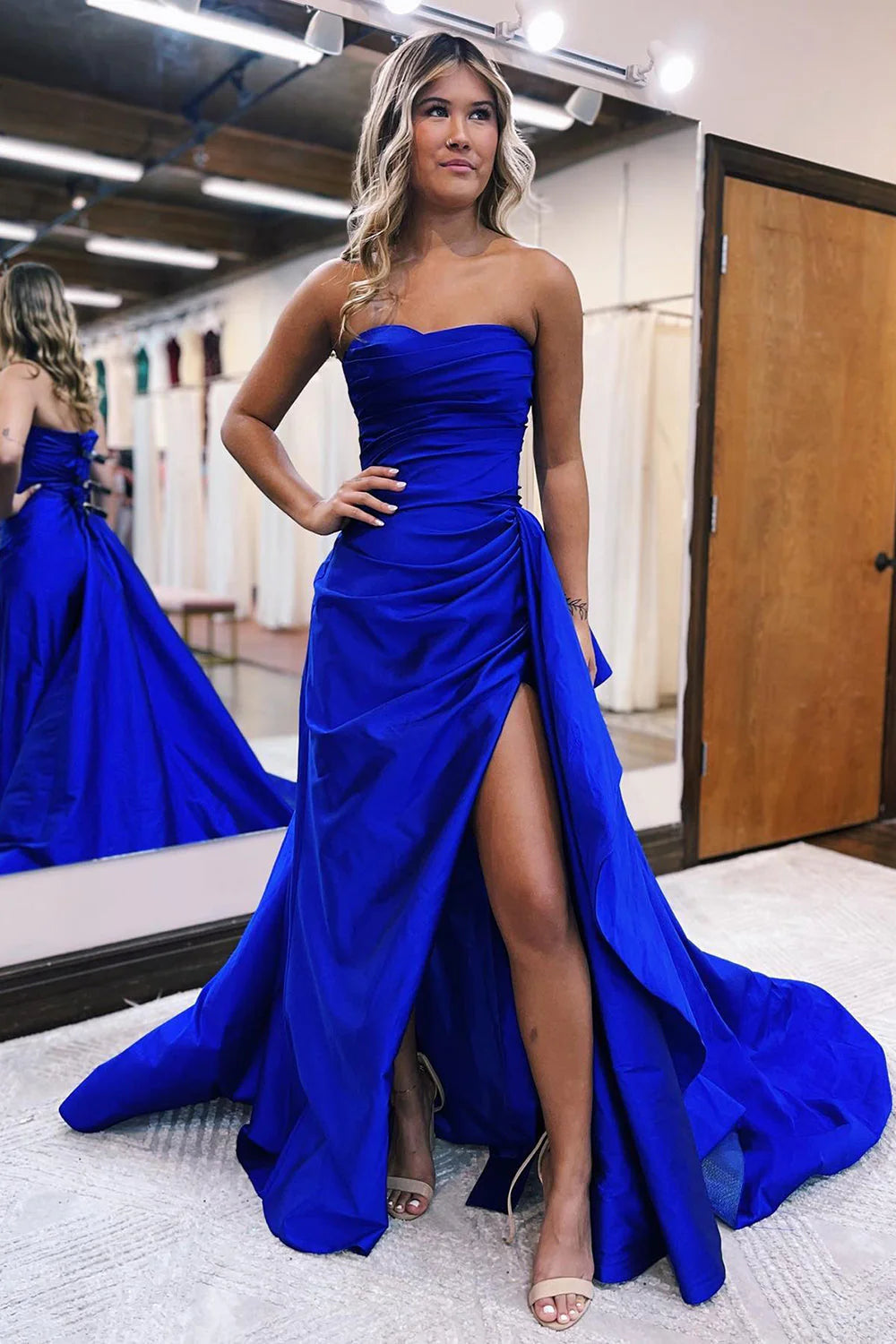 Wholesa Sheath Strapless Long Prom Dress with Slit