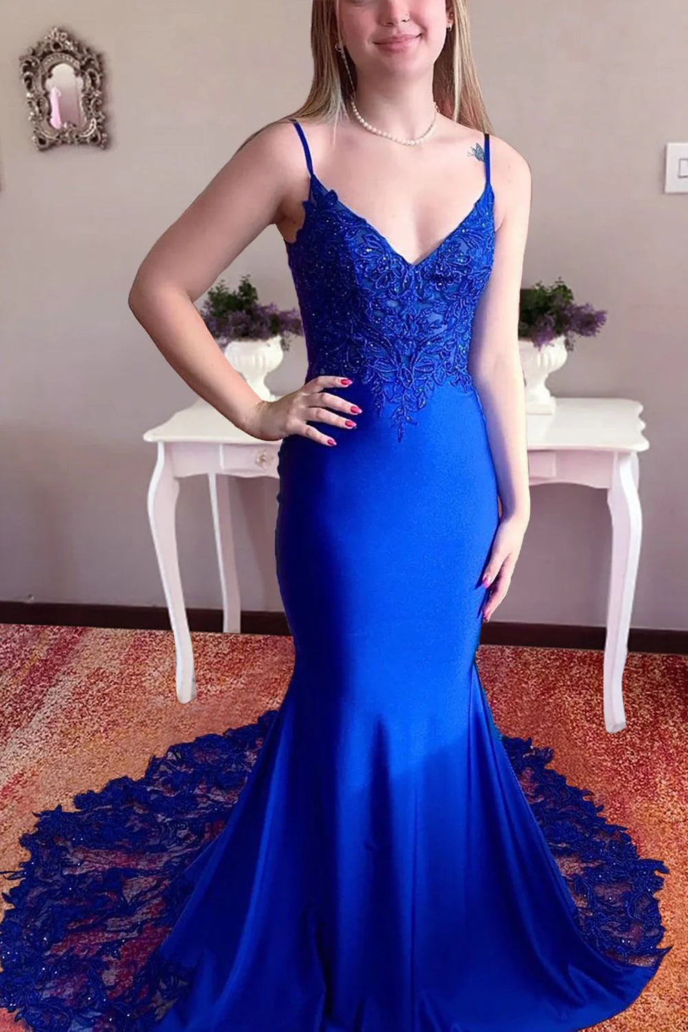 Wholesa Mermaid Spaghetti Straps Long Prom Dress with Appliques