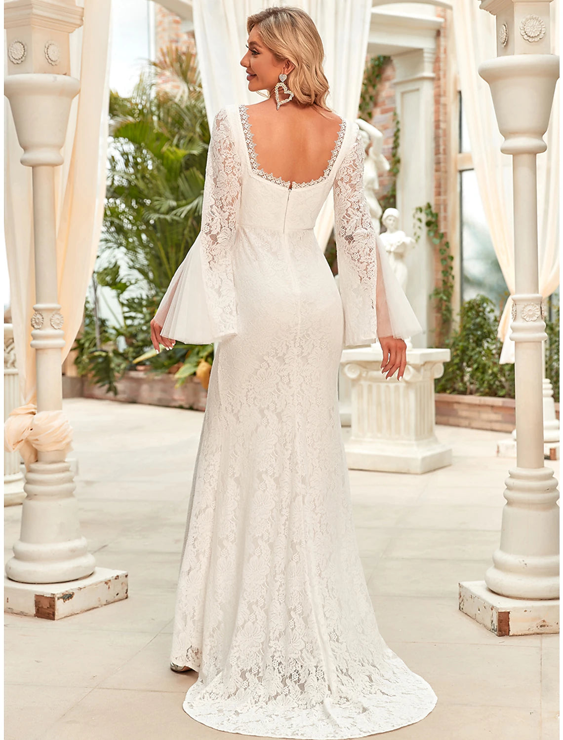 wholesale  Reception Wedding Dresses Mermaid / Trumpet Square Neck Long Sleeve Sweep / Brush Train Lace Bridal Gowns With Split Front