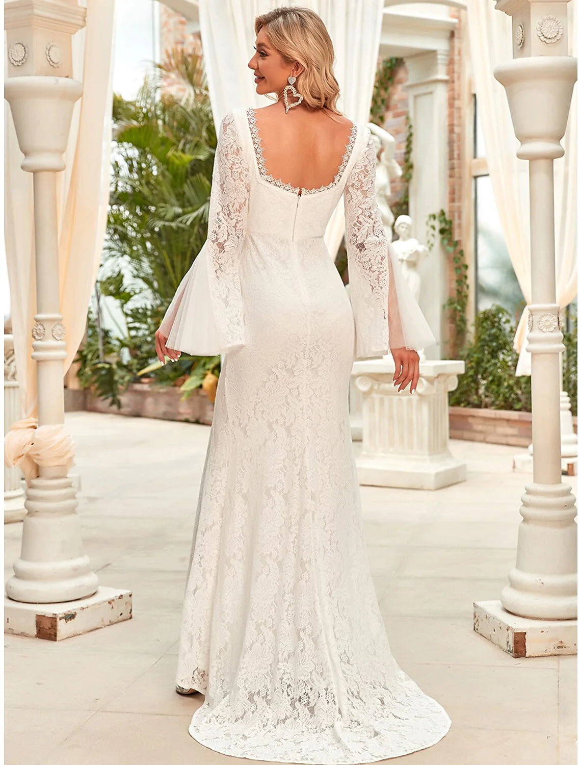 Wholesa Beach Wedding Dresses Sweep / Brush Train Mermaid / Trumpet Long Sleeve Square Neck Lace With Split Front