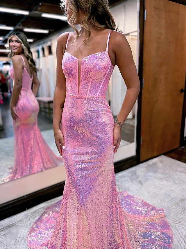 Wholesa Mermaid / Trumpet Prom Dresses Sparkle & Shine Dress Formal Court Train Sleeveless Spaghetti Strap Sequined V Back with Sequin