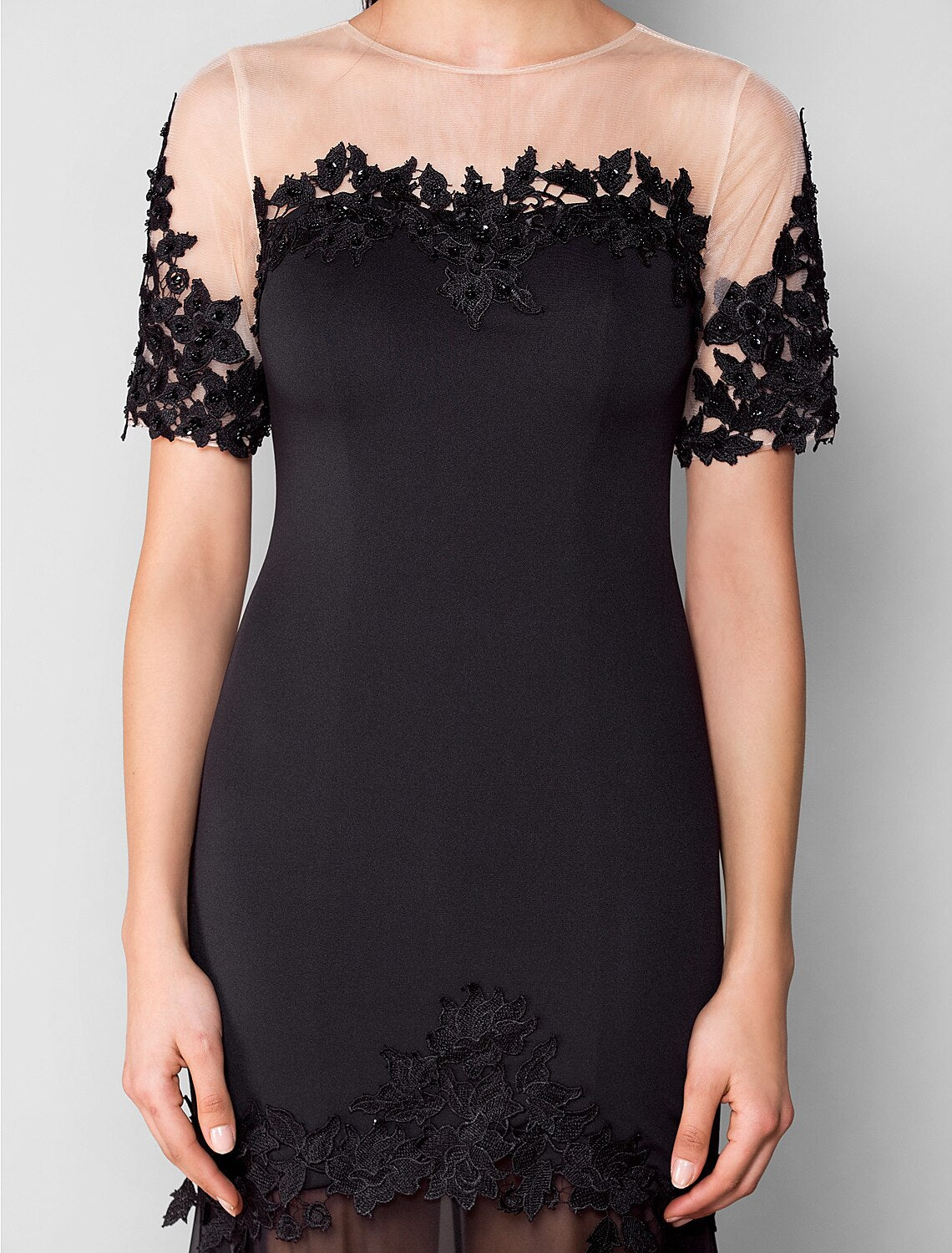 Wholesa Sheath / Column See Through Dress Formal Evening Sweep / Brush Train Short Sleeve Illusion Neck Chiffon with Beading Appliques