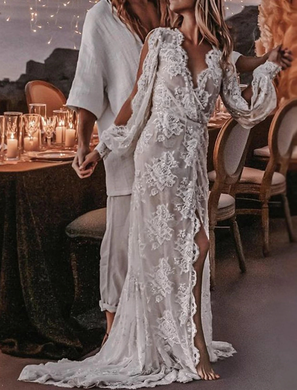 wholesale   Beach Sexy Boho Wedding Dresses A-Line V Neck Long Sleeve Sweep / Brush Train Lace Outdoor Bridal Gowns With Appliques Split Front Summer Fall Wedding Party