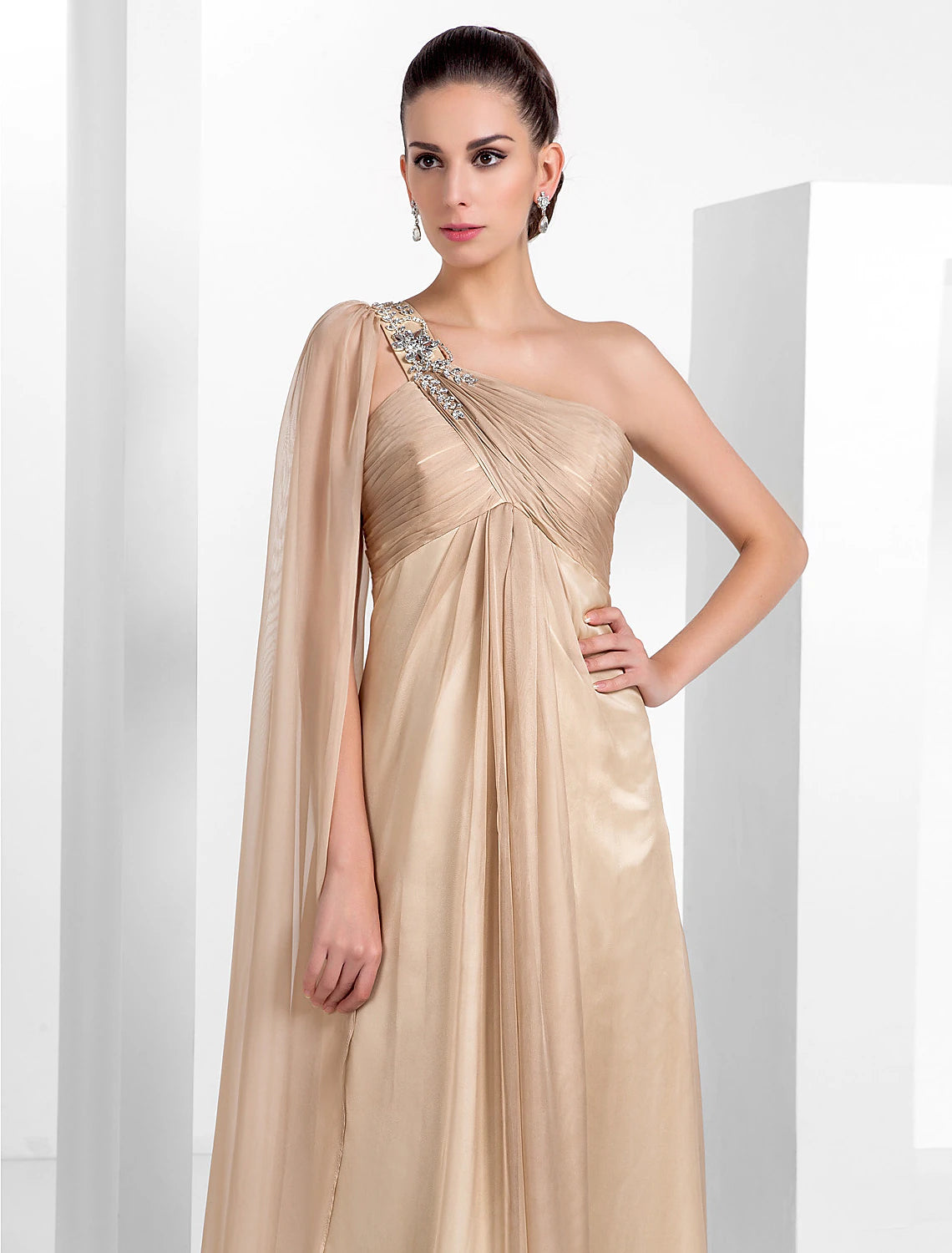 Wholesa  Sheath / Column Elegant Formal Evening Black Tie Gala Dress One Shoulder Sleeveless Floor Length Chiffon with Criss Cross Crystals