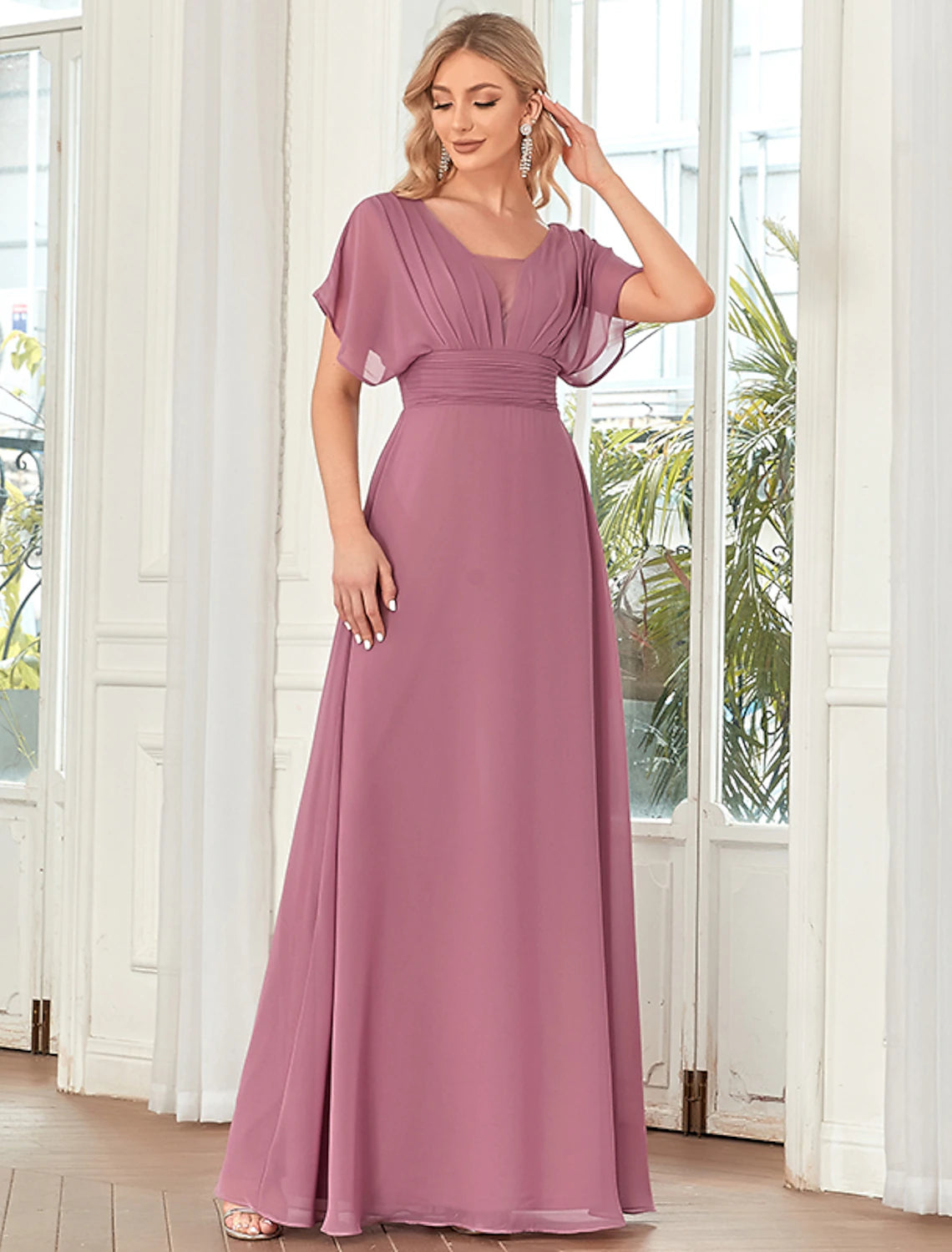 wholesale  A-Line Elegant Formal Evening Dress V Neck Short Sleeve Floor Length Chiffon with Draping