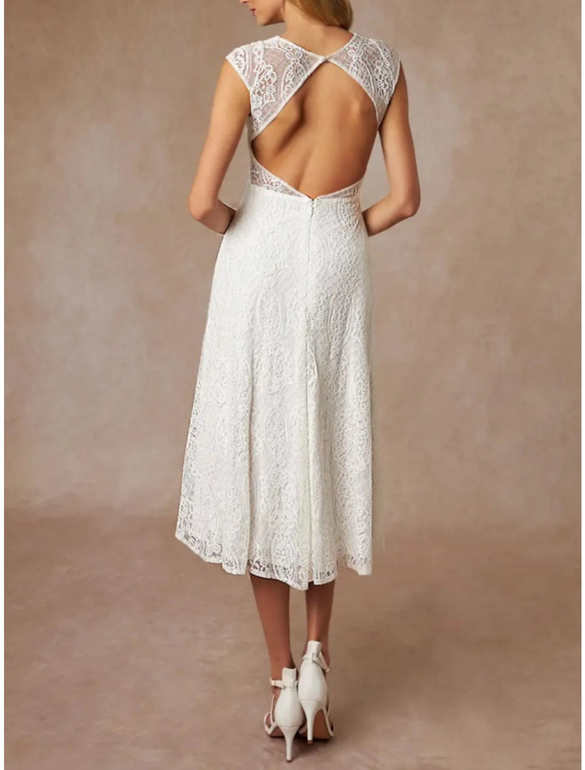 Wholesa Open Back Little White Dresses Wedding Dresses A-Line V Neck Cap Sleeve Tea Length Lace Bridal Gowns With Pleats Solid Color