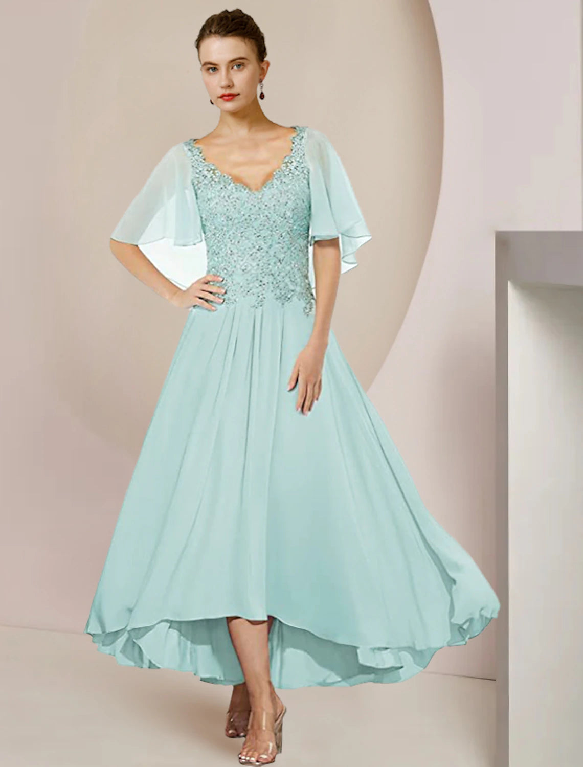 wholesale  A-Line Mother of the Bride Dress Formal Wedding Guest Elegant High Low V Neck Asymmetrical Tea Length Chiffon Lace Short Sleeve with Pleats Appliques